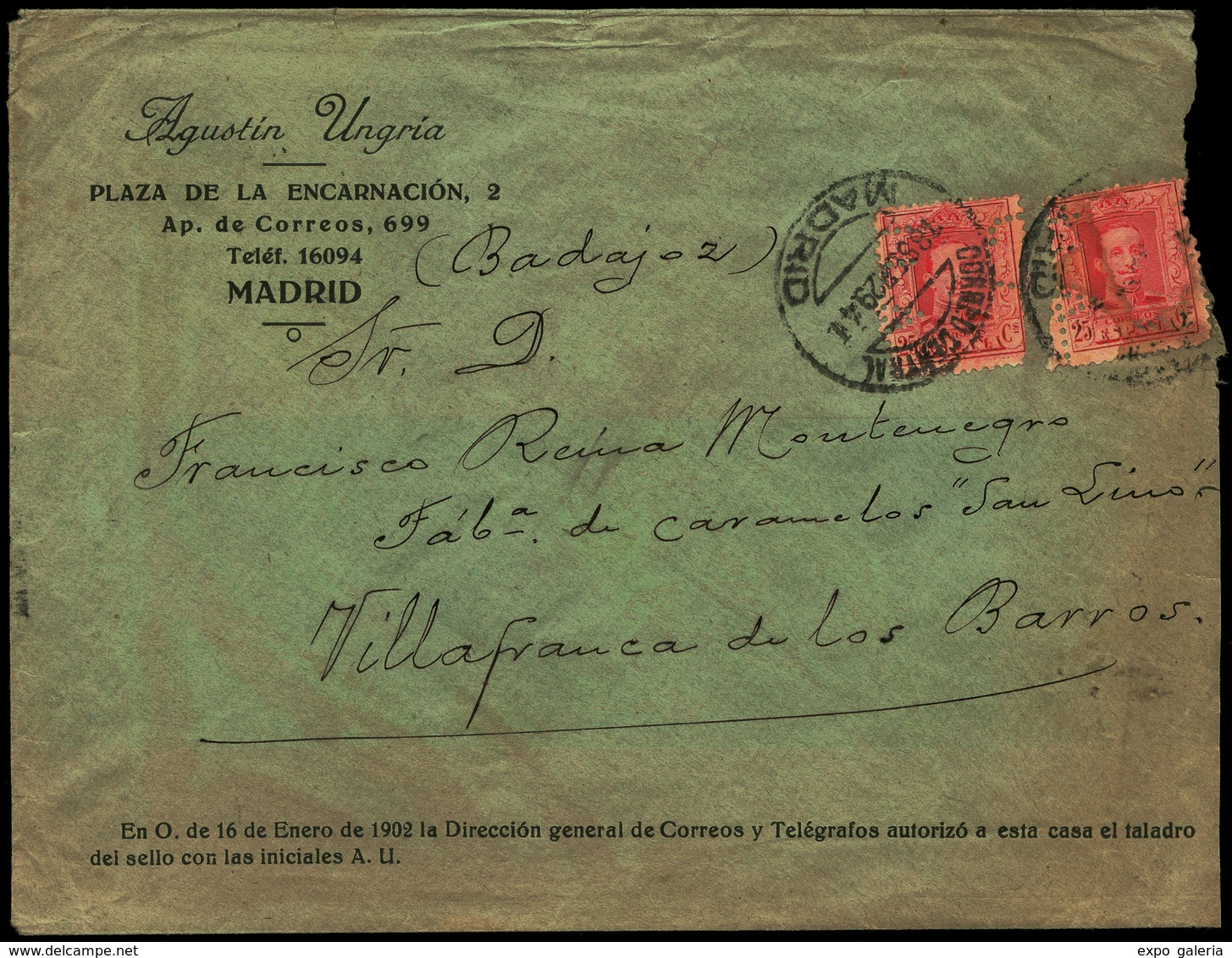 Ed. 317(2) - “A.U.” (Agustin Ungria. Patentes Y Marcas.Madrid). Carta Cda A Villafranca De Los Barros. Rara - Sonstige & Ohne Zuordnung