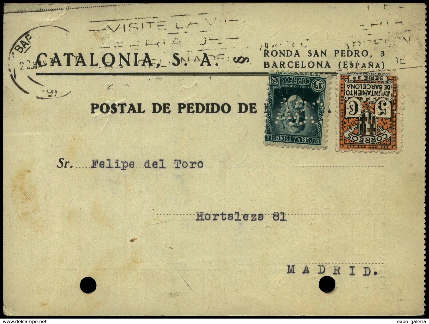 Ed. T.P.665+Barna 10 - “C.S.A.” (Catalonia S.A. Editorial.Barcelona) Tarjeta Cda A Madrid 1/6/1934 - Sonstige & Ohne Zuordnung