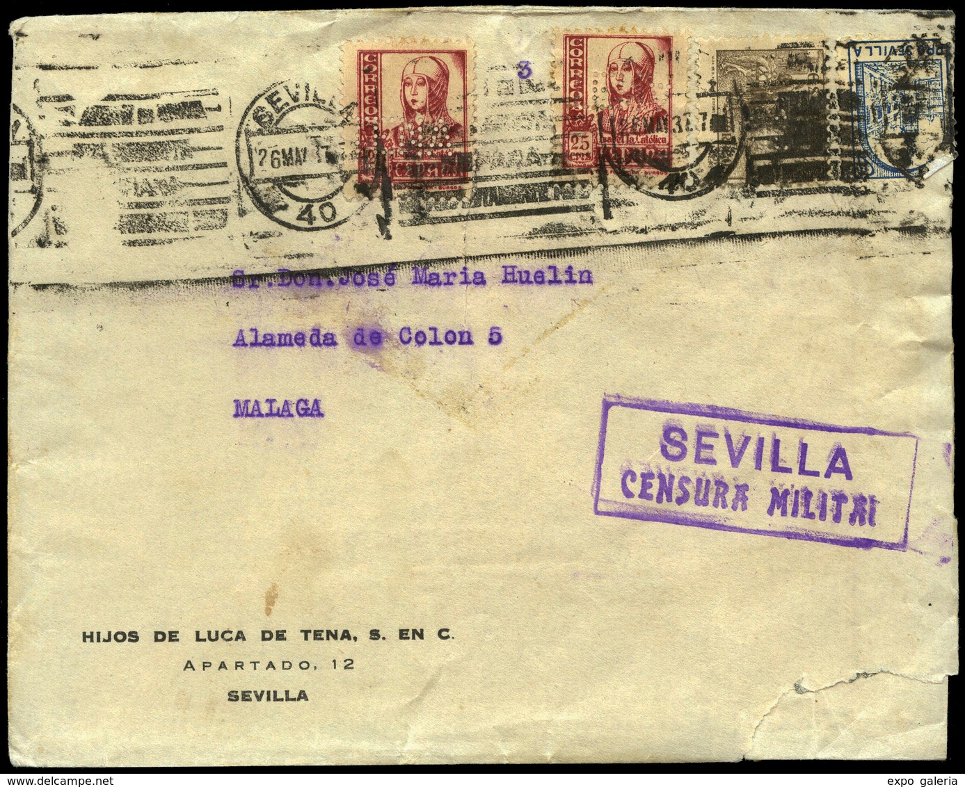 Ed. 822(2)+816+Local - “T.E.N.A.” Carta Mat. “Sevilla 26/V/37” Cda A Málaga + C. Militar. Rara - Sonstige & Ohne Zuordnung