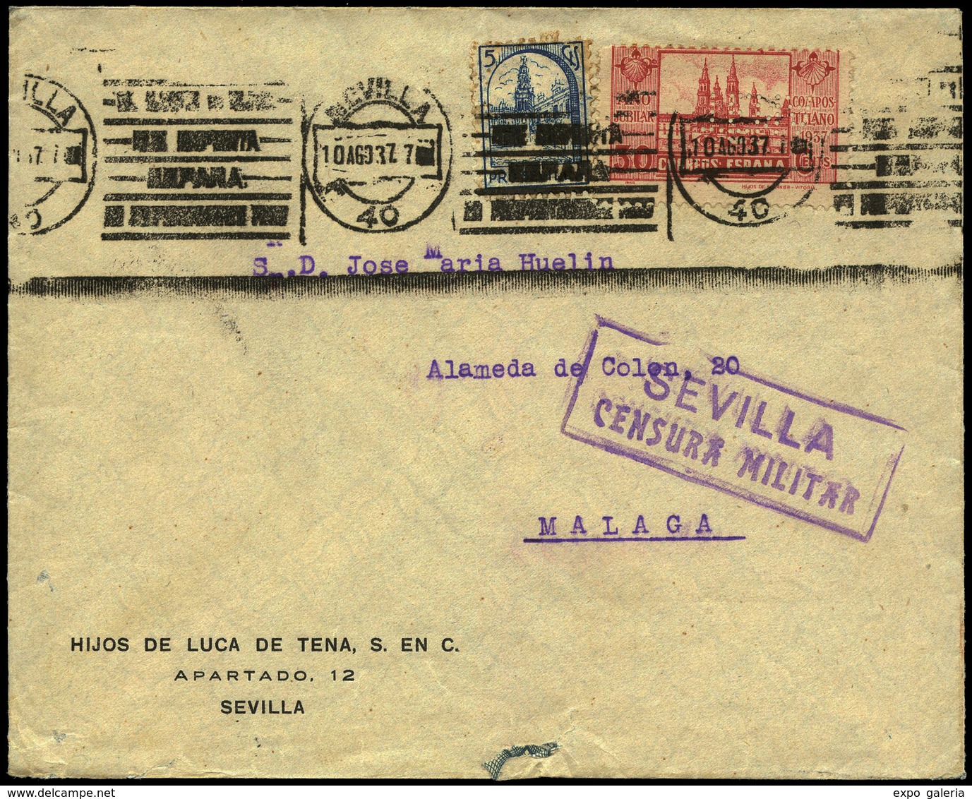 Ed. 834+Local - Carta Con Rodillo “Sevilla 10/08/37” Cda A Málaga Con 834 Perforado + C. Militar. (Hay Llegada). Lujo. - Other & Unclassified