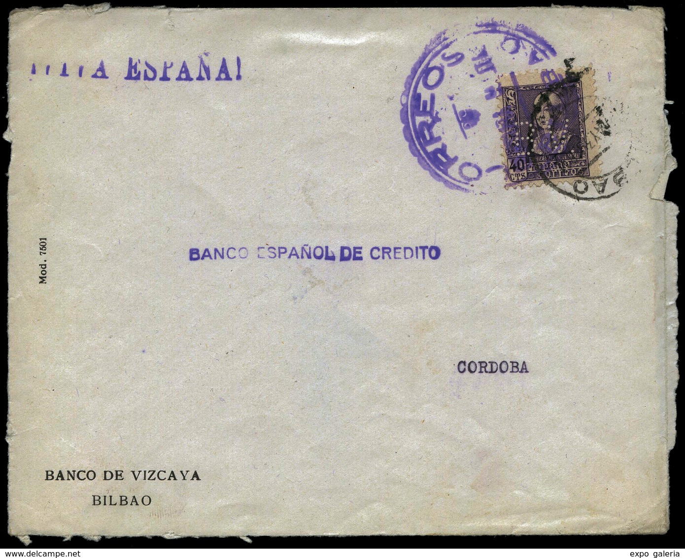 Ed. 858 - “B.V.” (Banco Vizcaya.Bilbao) Carta Cda De “Bilbao 21/05/39” A Córdoba. Hay Llegada Y Local Al Dorso. - Sonstige & Ohne Zuordnung