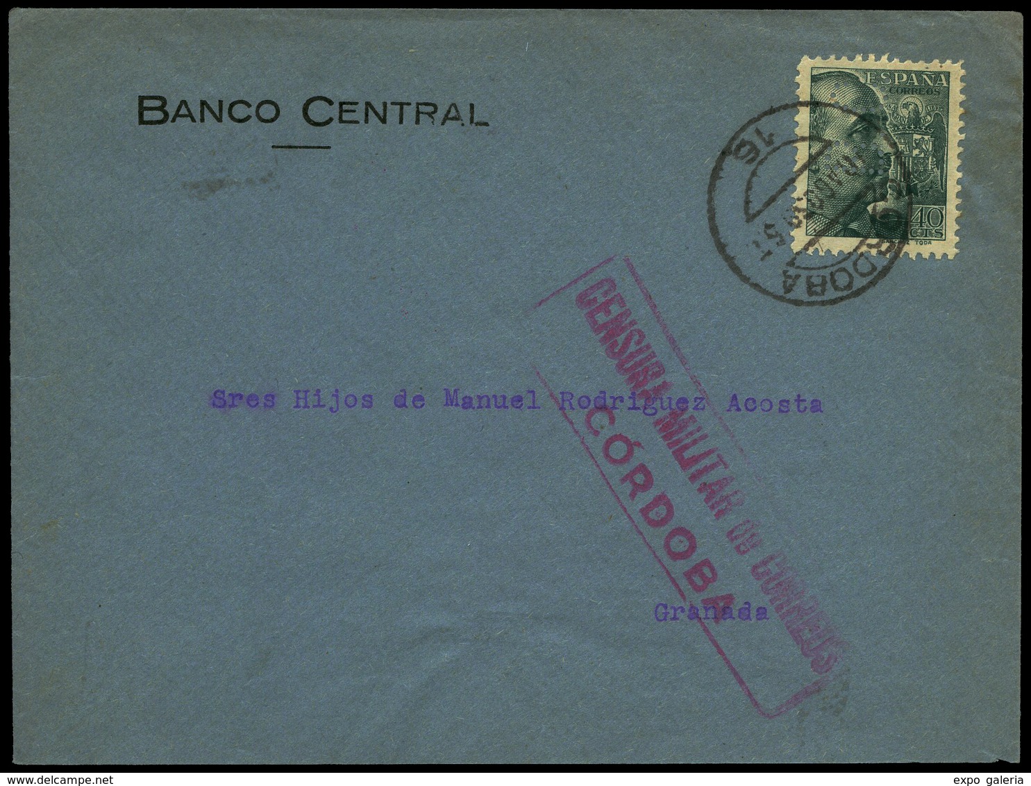 Ed. 870 - “B.C.” (Banco Central.Córdoba) Carta Cda A Granada 10/Agos/39. (Ex Florentino Perez). - Autres & Non Classés