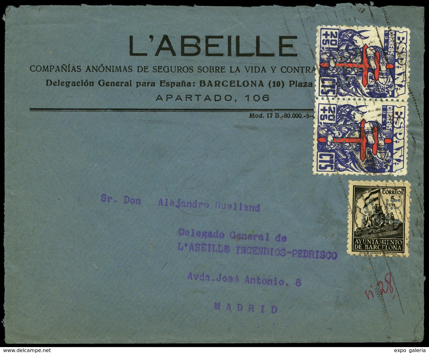 Ed. 949(2) - “A.E.” (L’Abeille. Barcelona.Cia Seguros) Carta Cda A Madrid. Escaso Franqueo. (Ex Florentino Perez) - Otros & Sin Clasificación