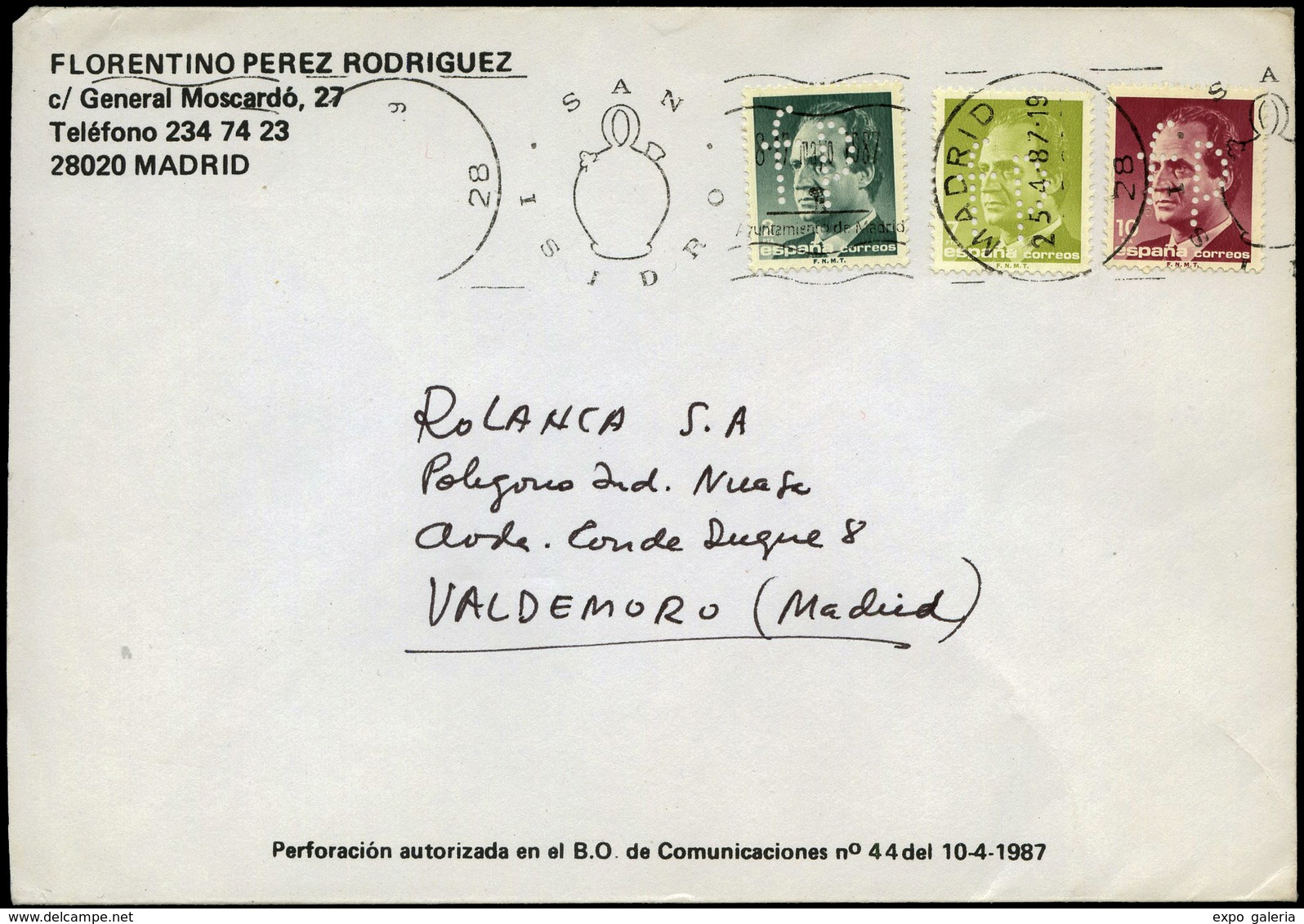 Ed. 2829-2832+2833 - “F.P.” Carta De Madrid A Valdemoro Con Fechador “San Isidro 25/IV/87” - Autres & Non Classés