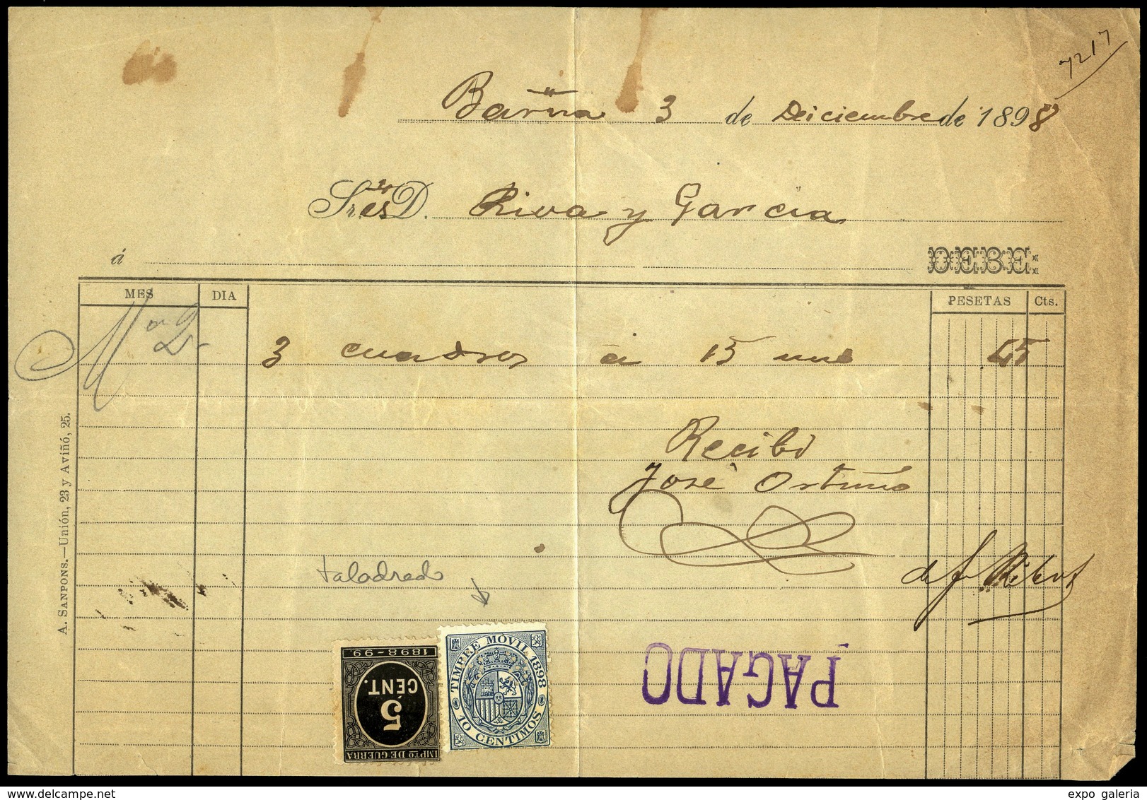 Documento Fiscal. 1898. “R.G.” (Riva Y Garcia) Sobre Sello Fiscal + 236. Lujo. Muy Raro. - Other & Unclassified