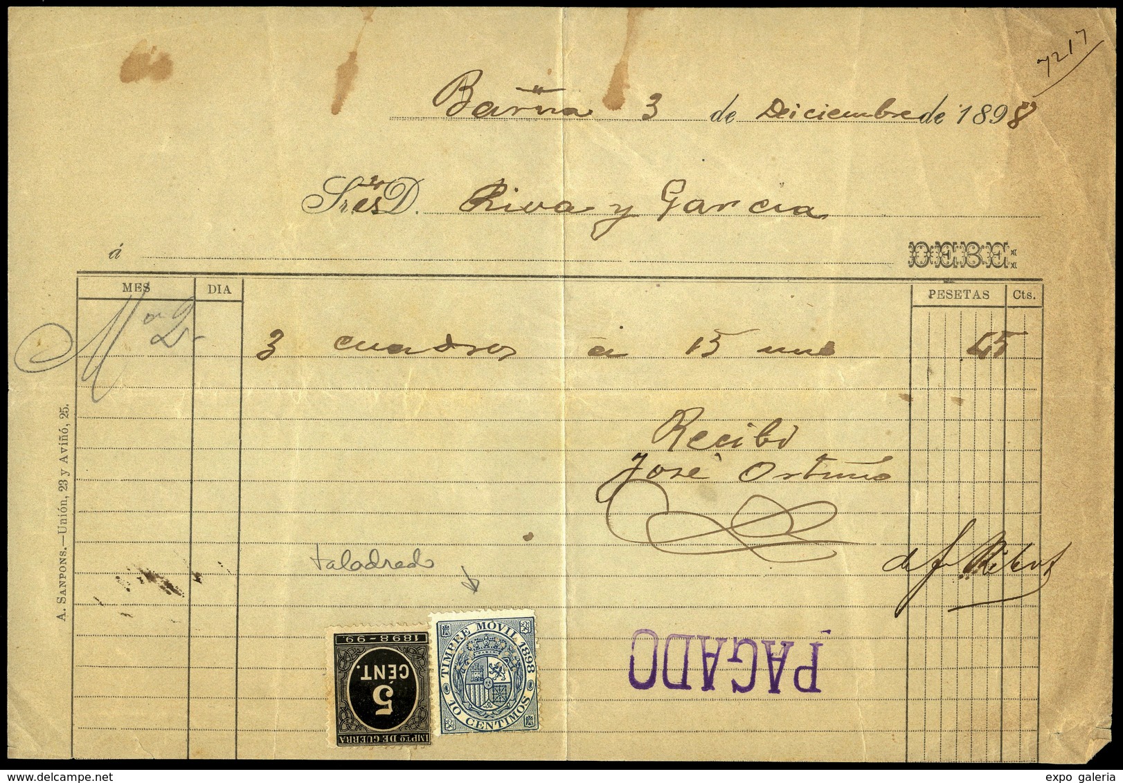 Documento Fiscal. 1898. “R.G.” (Riva Y Garcia) Sobre Sello Fiscal + 236. Lujo. Muy Raro. - Autres & Non Classés