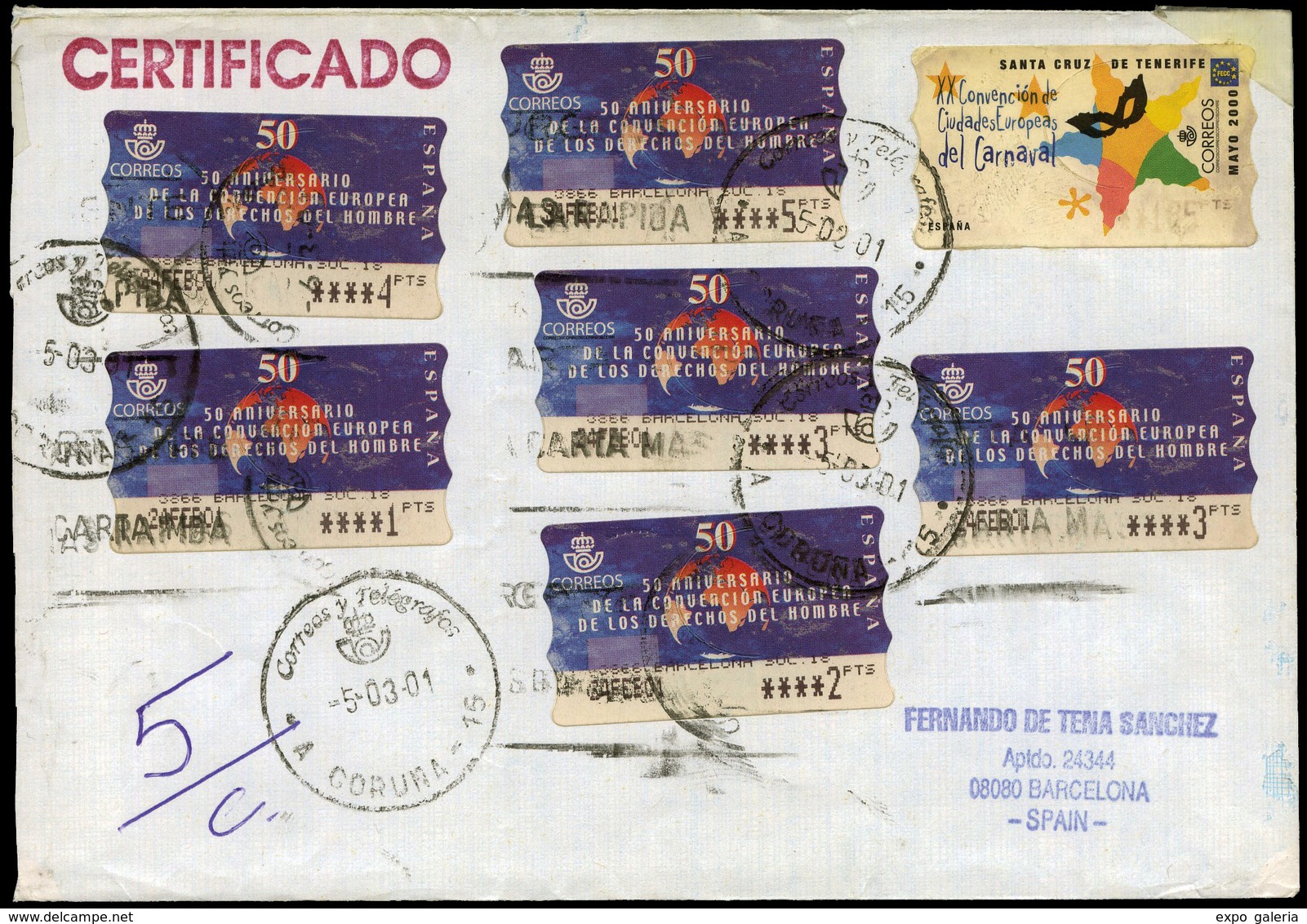 2001. Carta Certificada Cda Con 7 Etiquetas De “Coruña 05/03/01” A Barcelona. - Unused Stamps