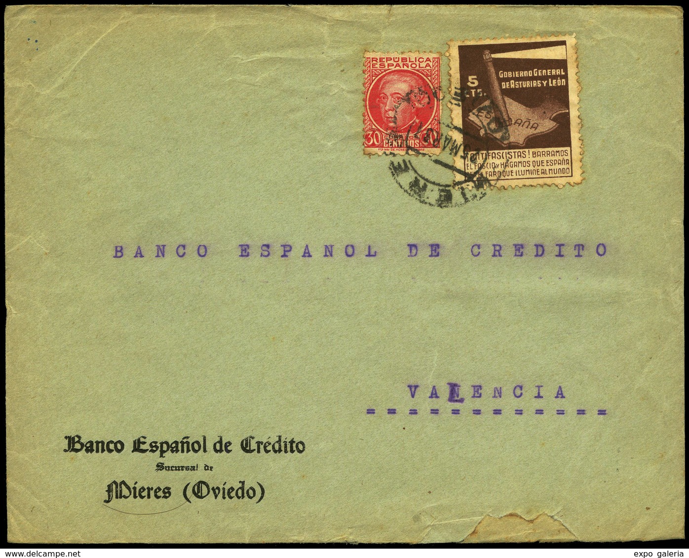 Ed. 1+687 - Fechador “Mieres 25/03/37” A Valencia. Lujo. (Ex Gomez Guillamón) - Asturies & Leon