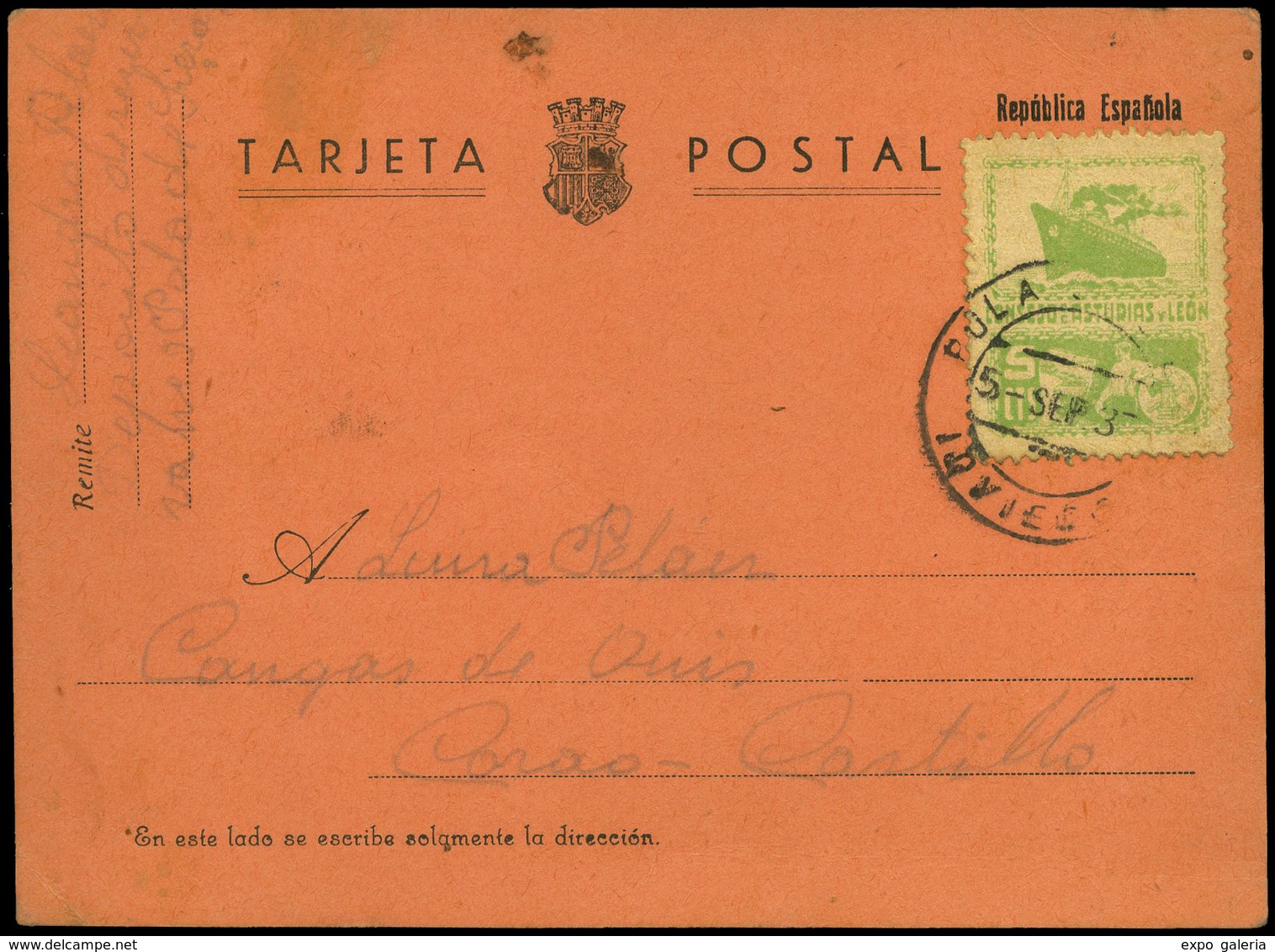 Ed. T.P. 5 - 1937. Tarjeta Postal Cda Desde Pola De Siero 05/09/37 A Corao. Lujo. Raro. (Ex Gomez Guillamón). - Asturien & Léon