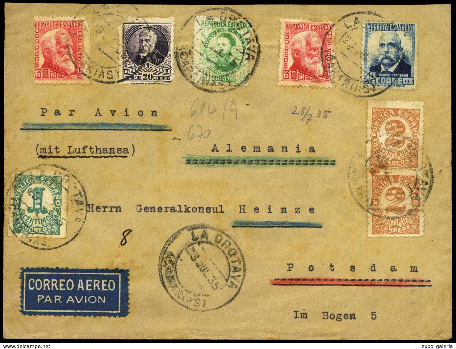 Ed. 670-686(2) - 1935. “La Orotava 28/VII/35” A Alemania Hay Tránsito En Paris. Ex Alemany - Sonstige & Ohne Zuordnung