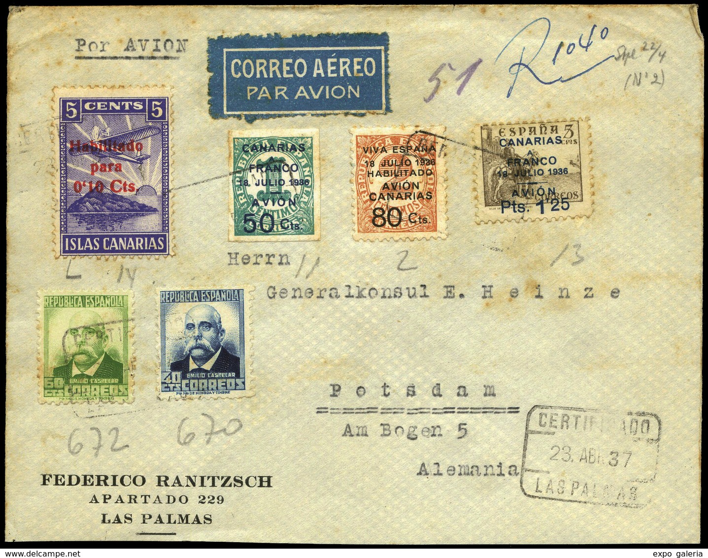 Ed. 670-672+Ca. 2-11-13 - “Certificado 23/IV/37 Las Palmas” A Alemania. Hay Tránsito.Ex Alemany. - Sonstige & Ohne Zuordnung