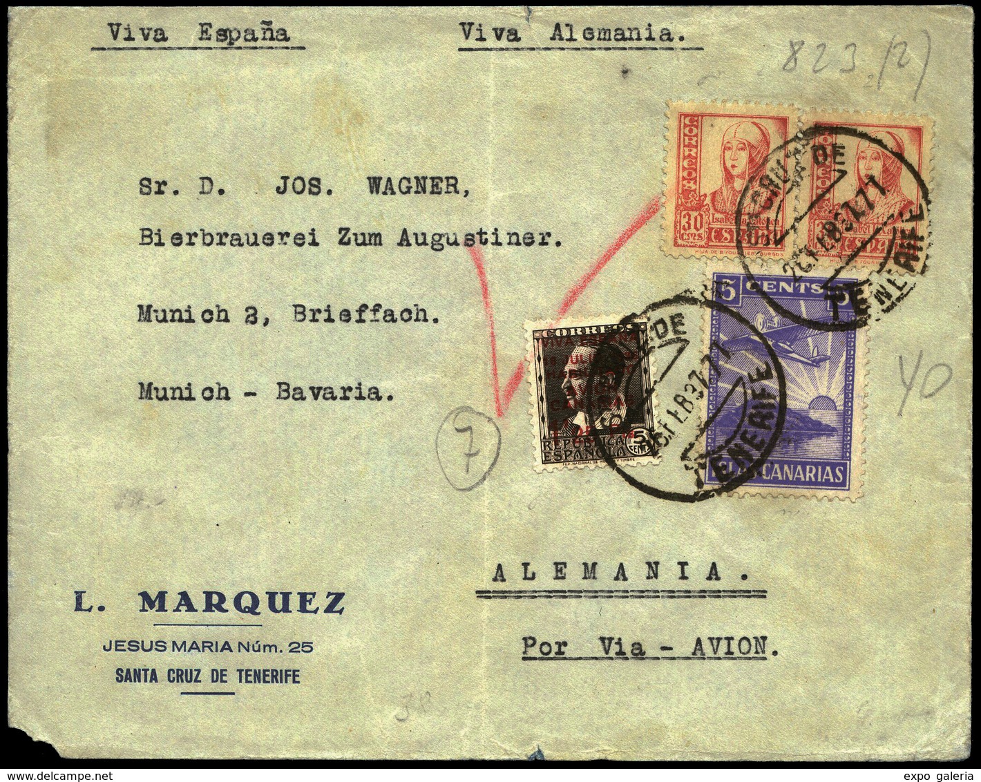 Ed. 823(2)+Can.7+local - 1937. “Santa Cruz 26/02/37” A Alemania Lujo. Ex Alemany. - Other & Unclassified