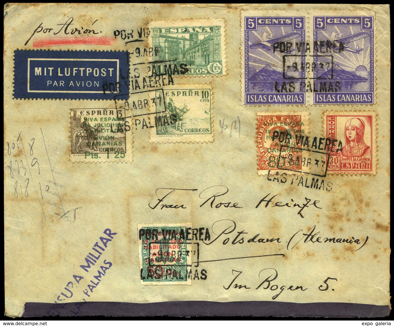 Ed. 805-818-823+Can 8/10+Local 40(2) - 1937. Carta Cda “Las Palmas 09/IV/37” A Alemania. Tránsito Y Llegada - Other & Unclassified