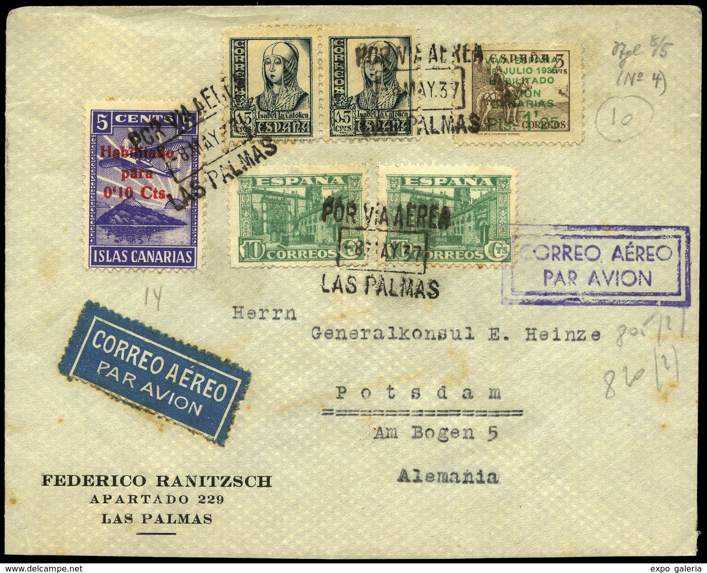 Ed. 805(2)+820(2)+10+Local - 1937. Carta Cda “Por Via Aerea 08/May/1937-Las Palmas” A Alemania. Lujo. Ex Alemany. - Other & Unclassified