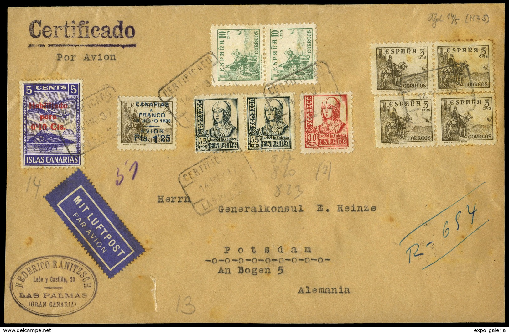 Ed. 817-820(2)+Can.13+local - 1937. “Certificado 14/05/37 Las Palmas” Cda A Alemania. Ex Alemany - Autres & Non Classés