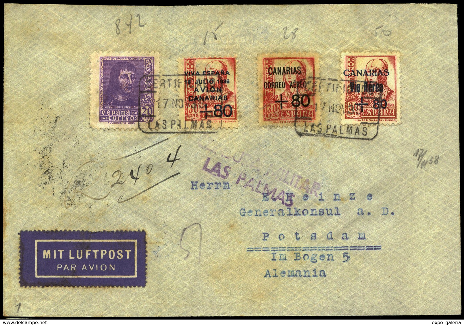 Ed. 842+Canarias 15-28-50 - “Certificado 17/Nov/38 Las Palmas” Cda A Alemania. Al Dorso Local. Lujo. Ex Alemany. - Autres & Non Classés