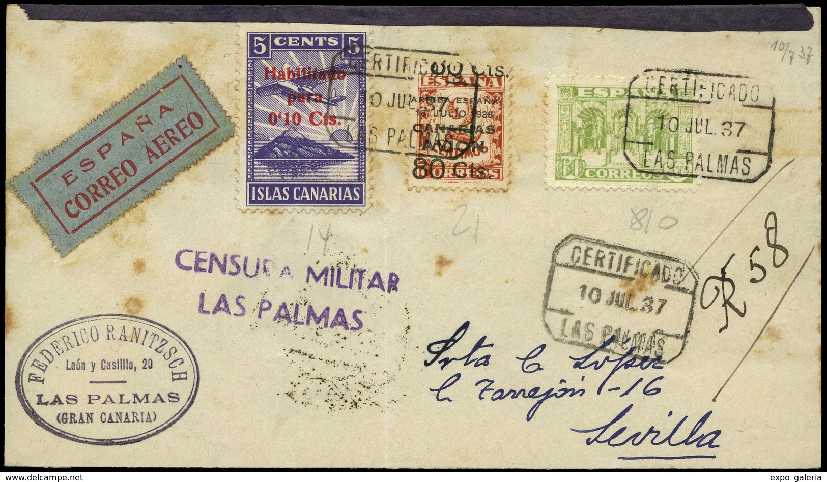 Ed. 810+21+Local 14 - “Certificado 10/Jul/37 Las Palmas” A Sevilla. Lujo. Ex Alemany. - Other & Unclassified