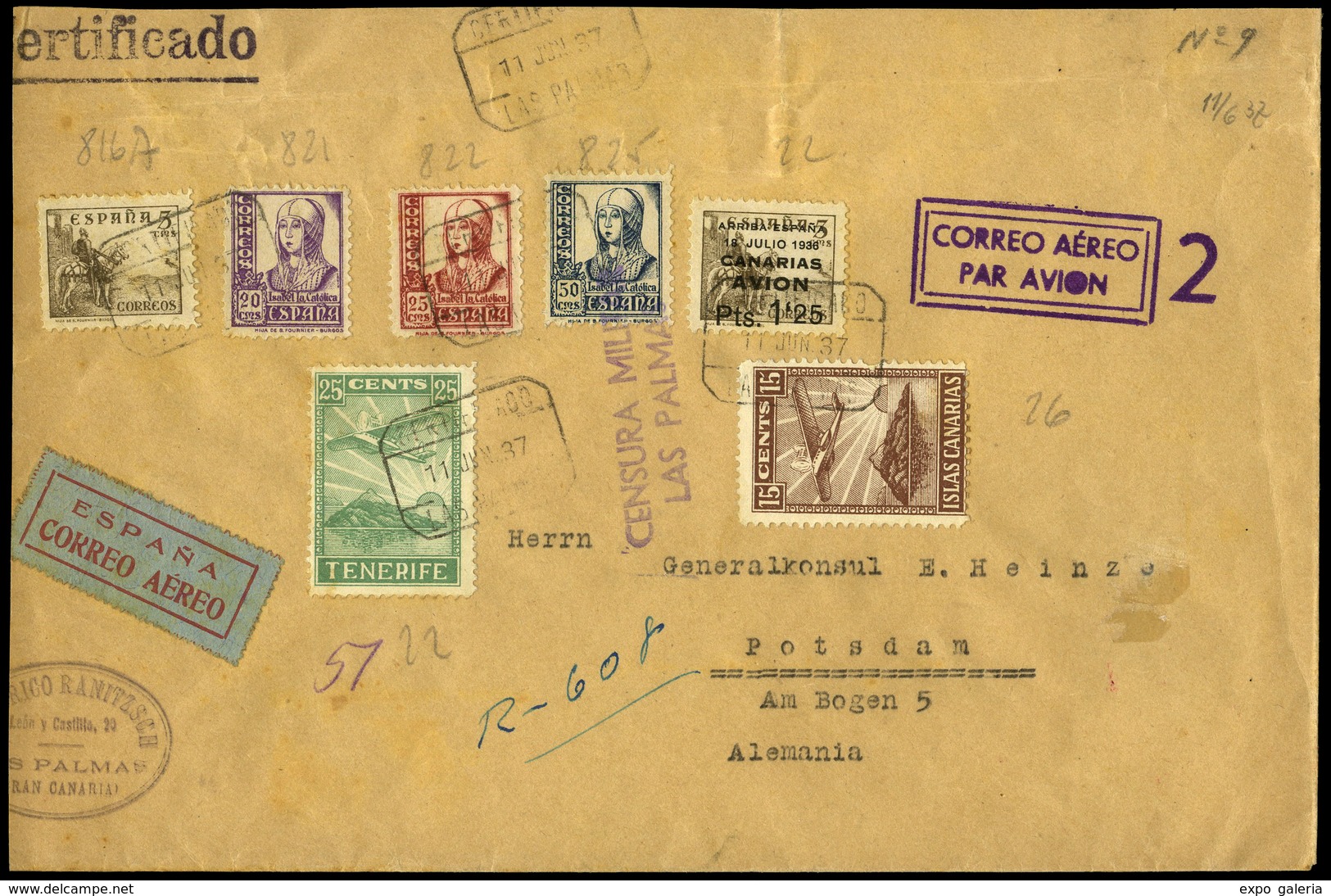 Ed. 816A-821+Can.22+local 22-26 - “Certificado 11/Jun/37” A Alemania. Lujo. Ex Alemany. - Other & Unclassified