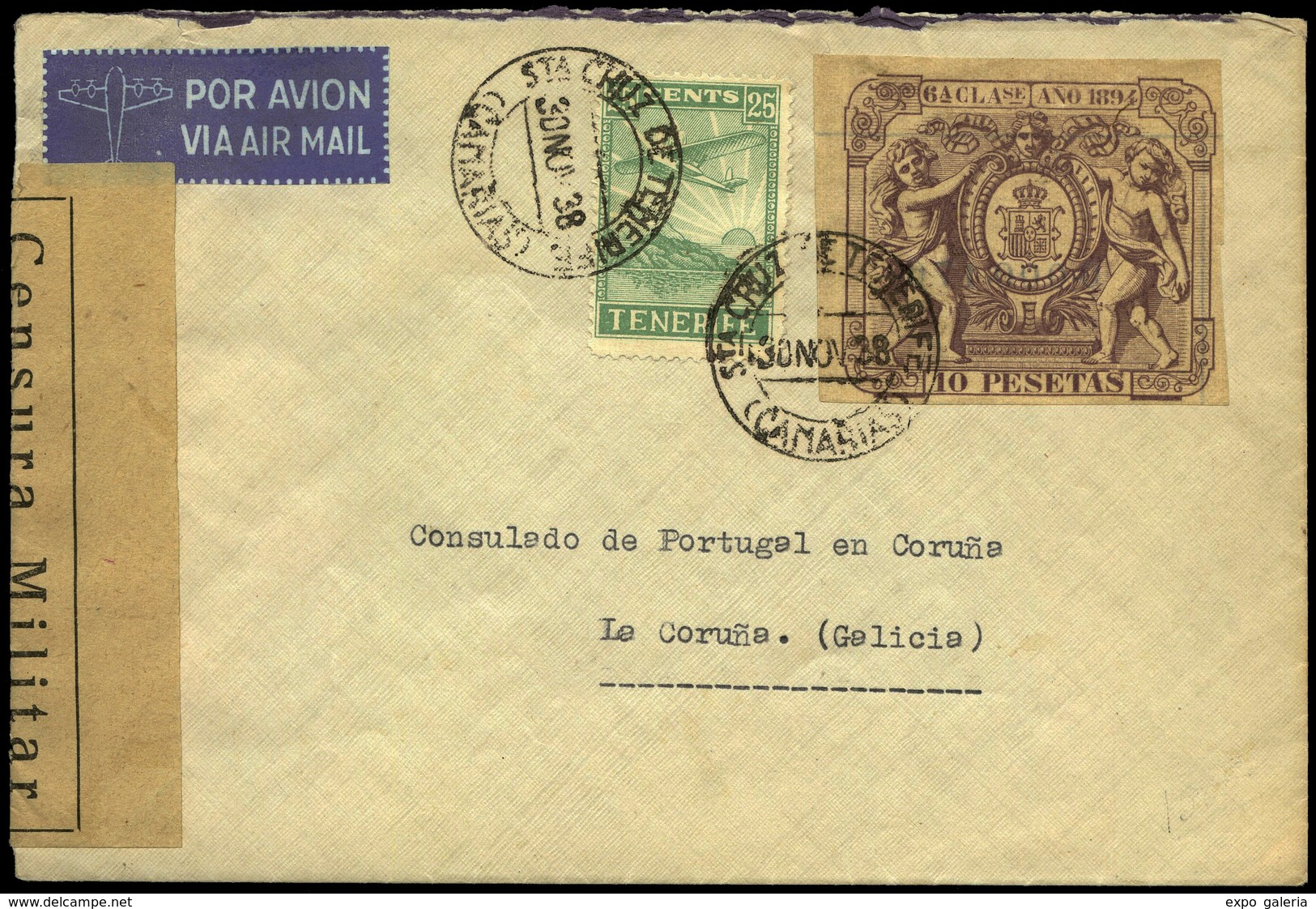 Ed. Póliza+Tenerif.22 - 1938. “Santa Cruz Tenerife 30/Nov/38” A La Coruña. Etiqueta Patriótica Al Dorso . - Other & Unclassified