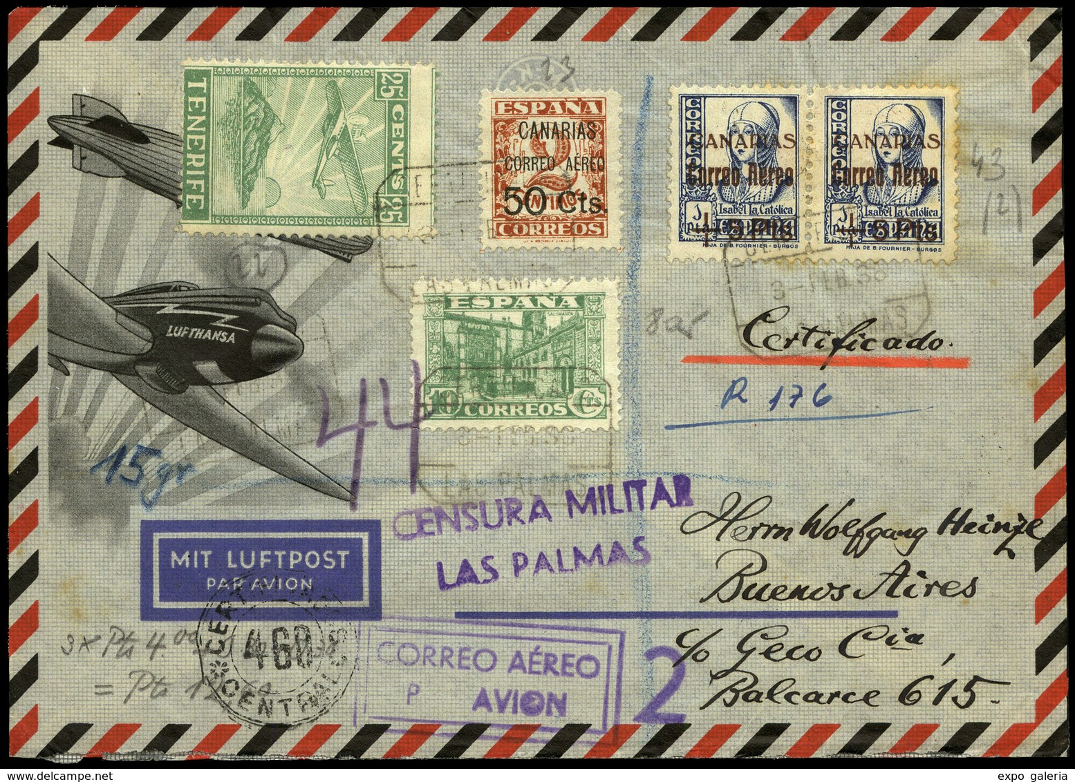 Ed. 805+Canarias 23+43(2)+Local 22 - 1938. Certificado “Las Palmas 03/02/38” A Buenos Aires. Lujo. Ex Alemany. - Autres & Non Classés