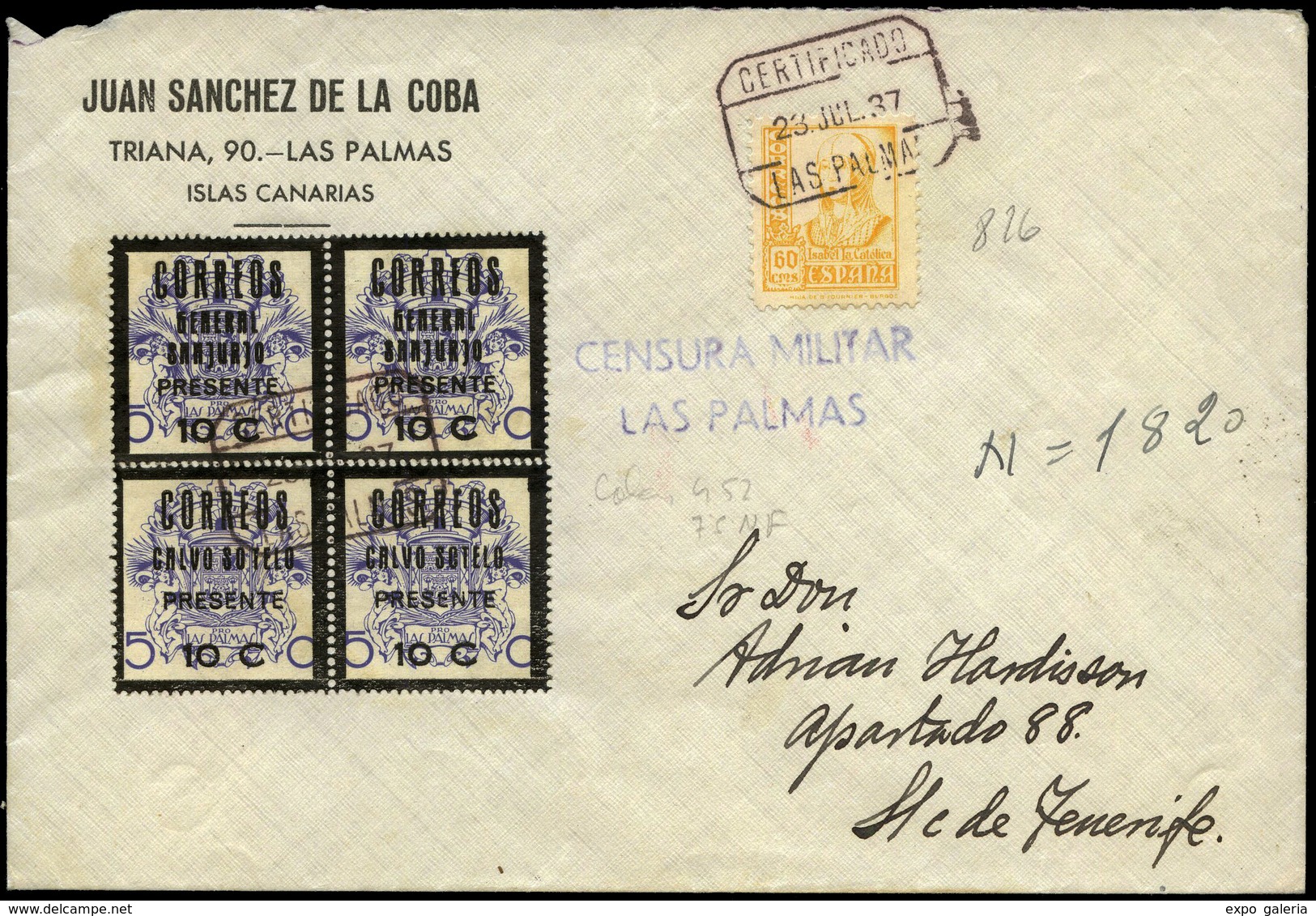 Ed. 826+Canar.26-24 - “Certificado 23/Jul/37 Las Palmas” A Sta. Cruz Tenerife. Lujo.Ex Alemany - Other & Unclassified