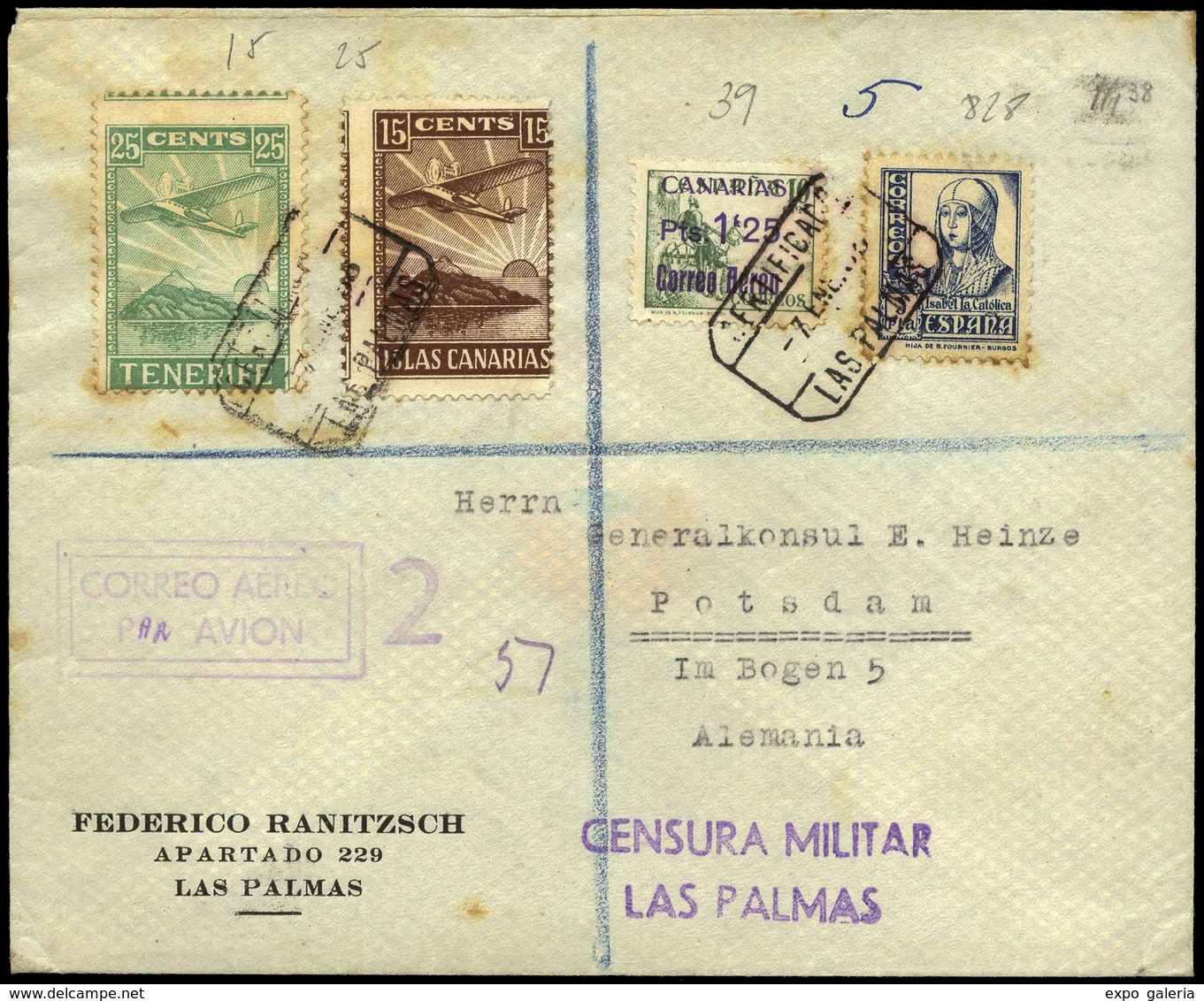 Ed. 828+Canarias 39+local 15-25 - 1938. “Certificado Las Palmas 07/01/38” Cda A Alemania. Lujo. Ex Alemany - Sonstige & Ohne Zuordnung