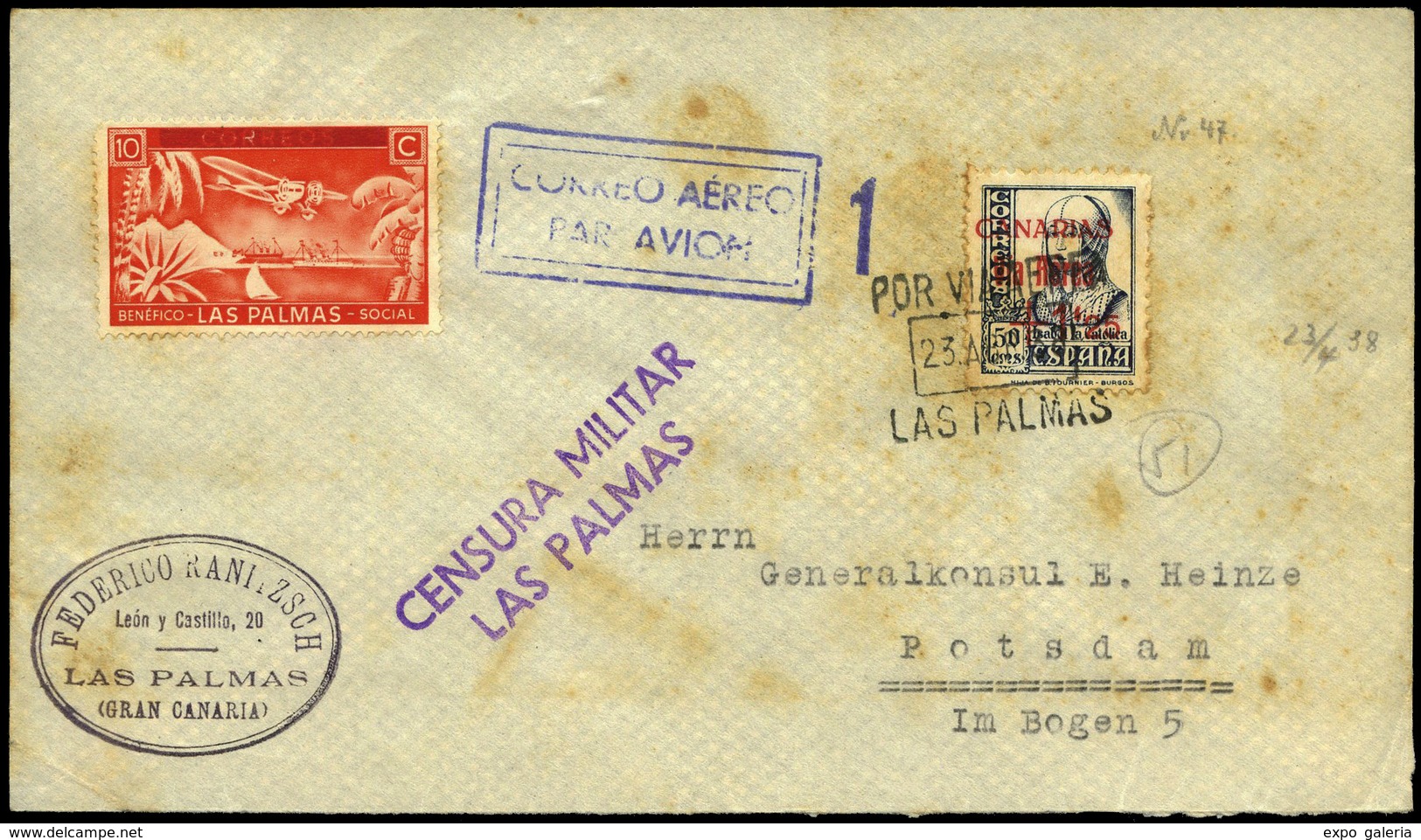 Ed. 51+Local - 1937 Carta Cda “Por Via Aerea 23/IV/37 Las Palmas” A Alemania. Fajas De Censura Al Dorso. - Autres & Non Classés