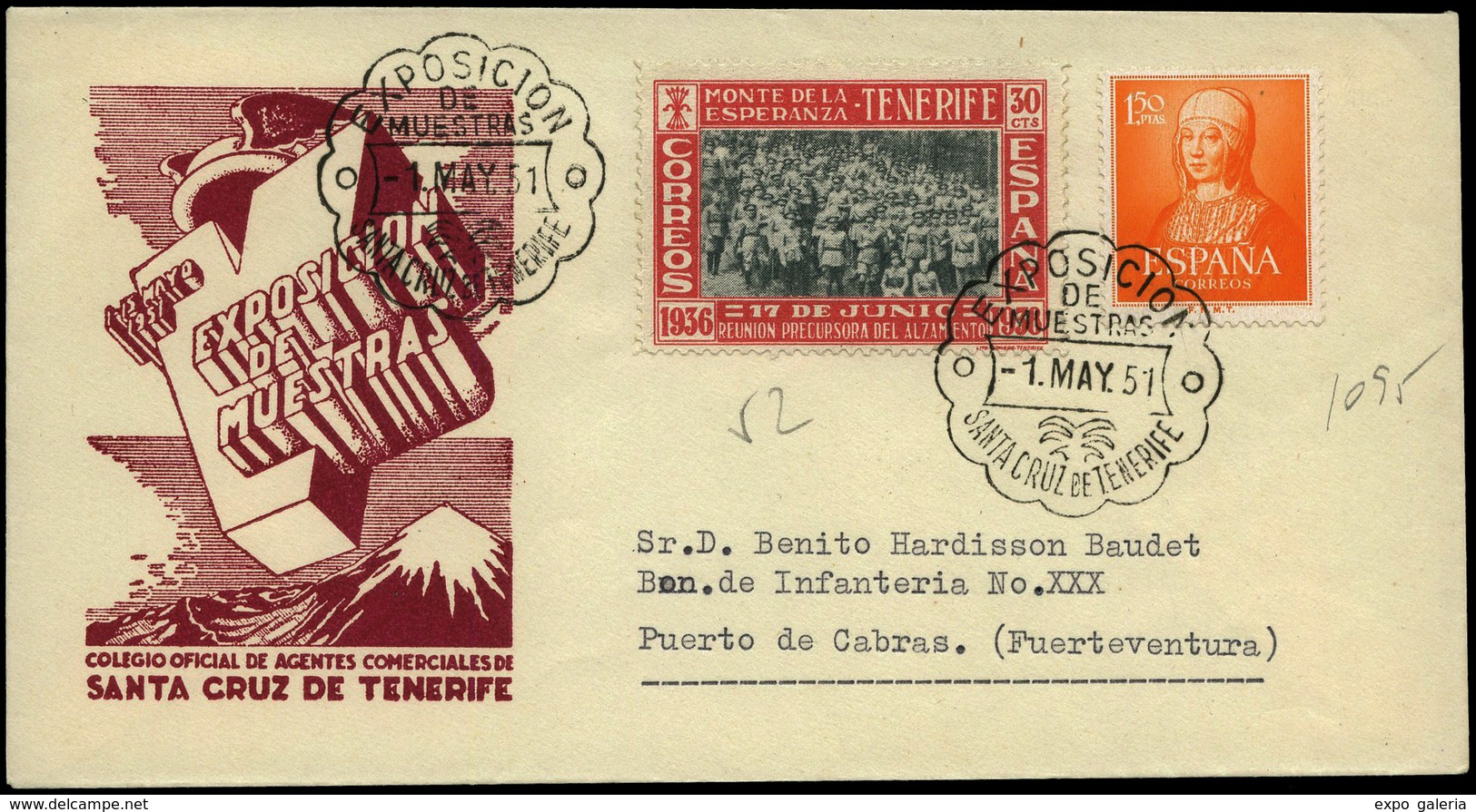 Ed. 1095+Can. 52 - Fechador Conmemor. “Expos. Muestras 01/05/51 Sta. Cruz Tenerife” A Puerto De Cabras. - Autres & Non Classés