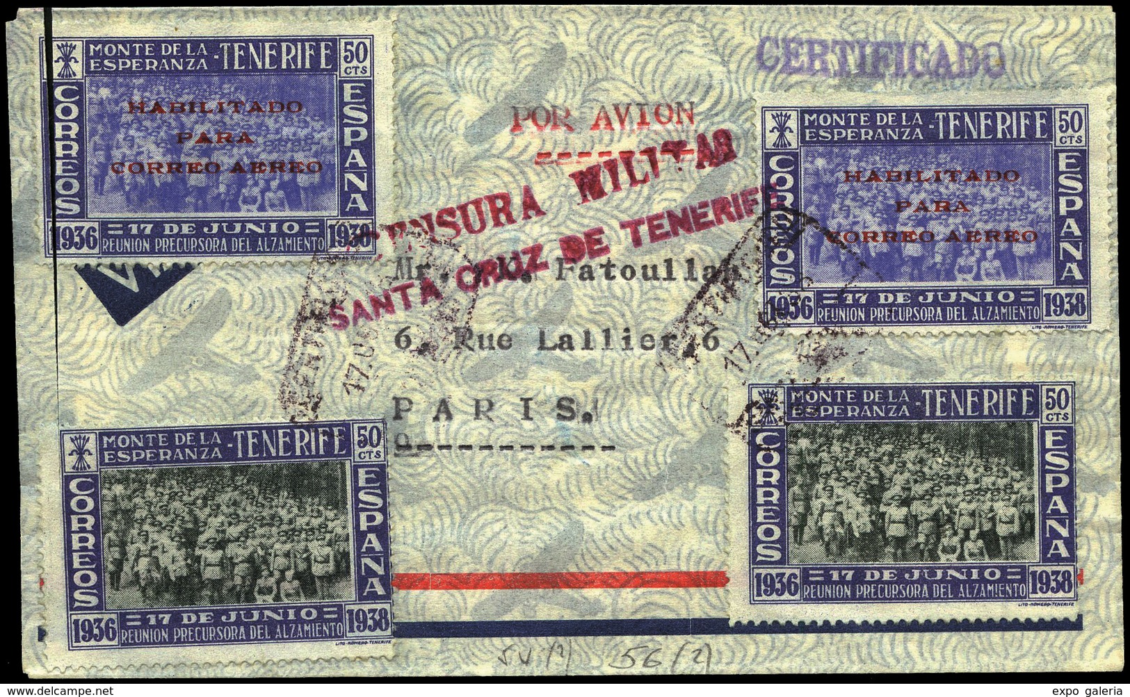 Ed. 54(2)+56(2) - “Certificado 17/06/42 Sta. Cruz De Tenerife” A Paris. Ex Alemany. - Sonstige & Ohne Zuordnung