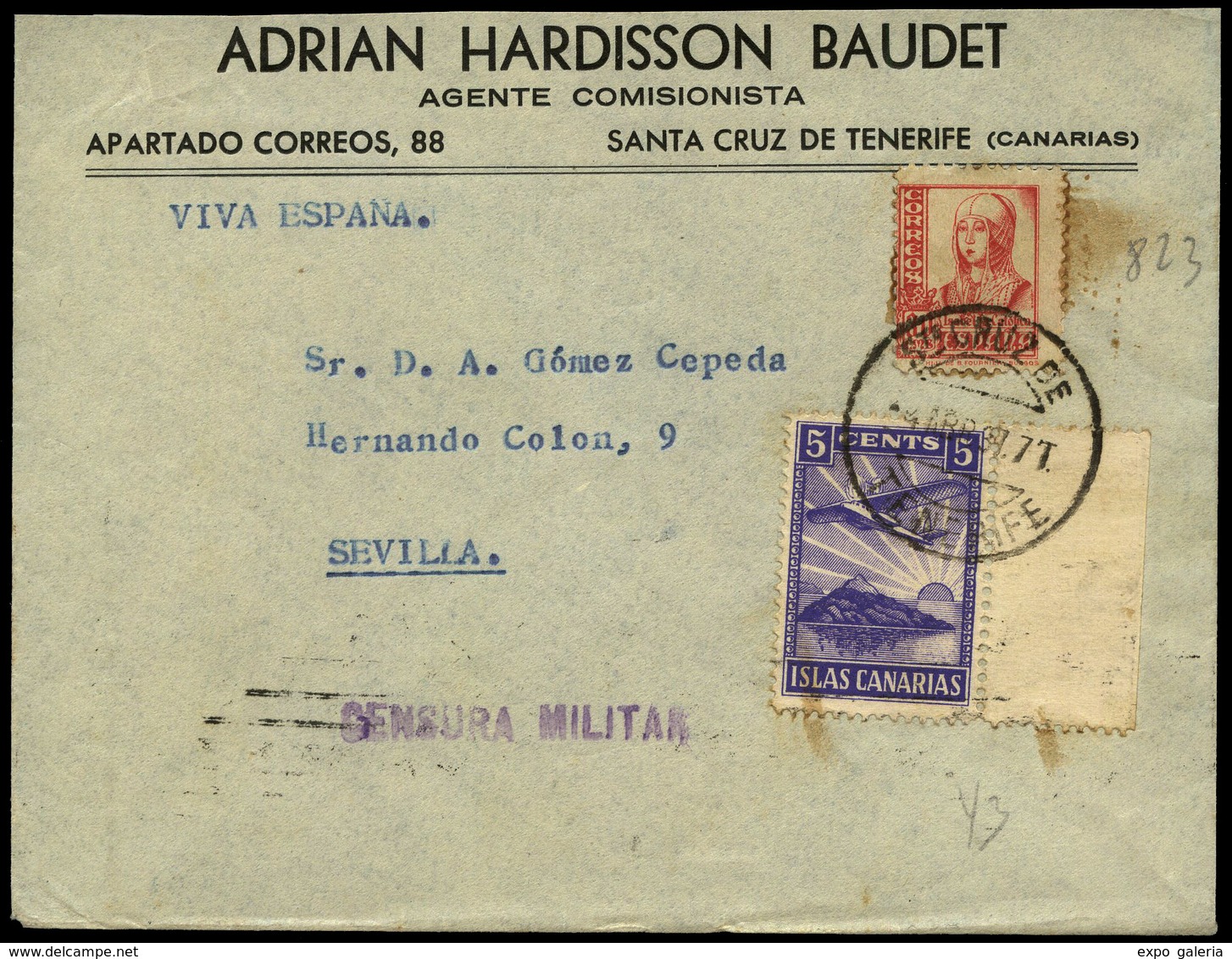 Ed. 823+local 43 - 1937. “Sta. Cruz Tenerife 04/IV/37” A Sevilla. Lujo. Ex Alemany. - Other & Unclassified