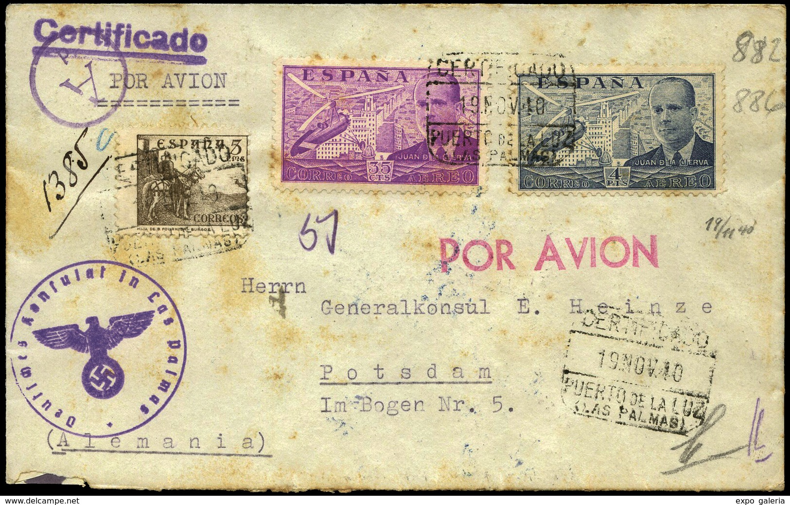 Ed. 882-886... - 1940. “Certificado 19/Nov/40 Puerto De La Luz” A Alemania. Diversas Marcas De C.M. Lujo. Ex Alemany. - Autres & Non Classés