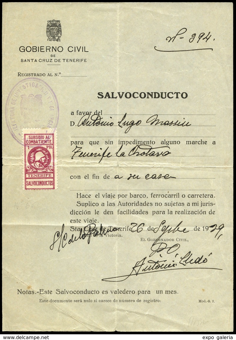1939. Salvoconducto Del Gobierno Civil De La Provincia De Santa Cruz De Tenerife Con 1 Sello De “Subsidio Al Co…" - Sonstige & Ohne Zuordnung