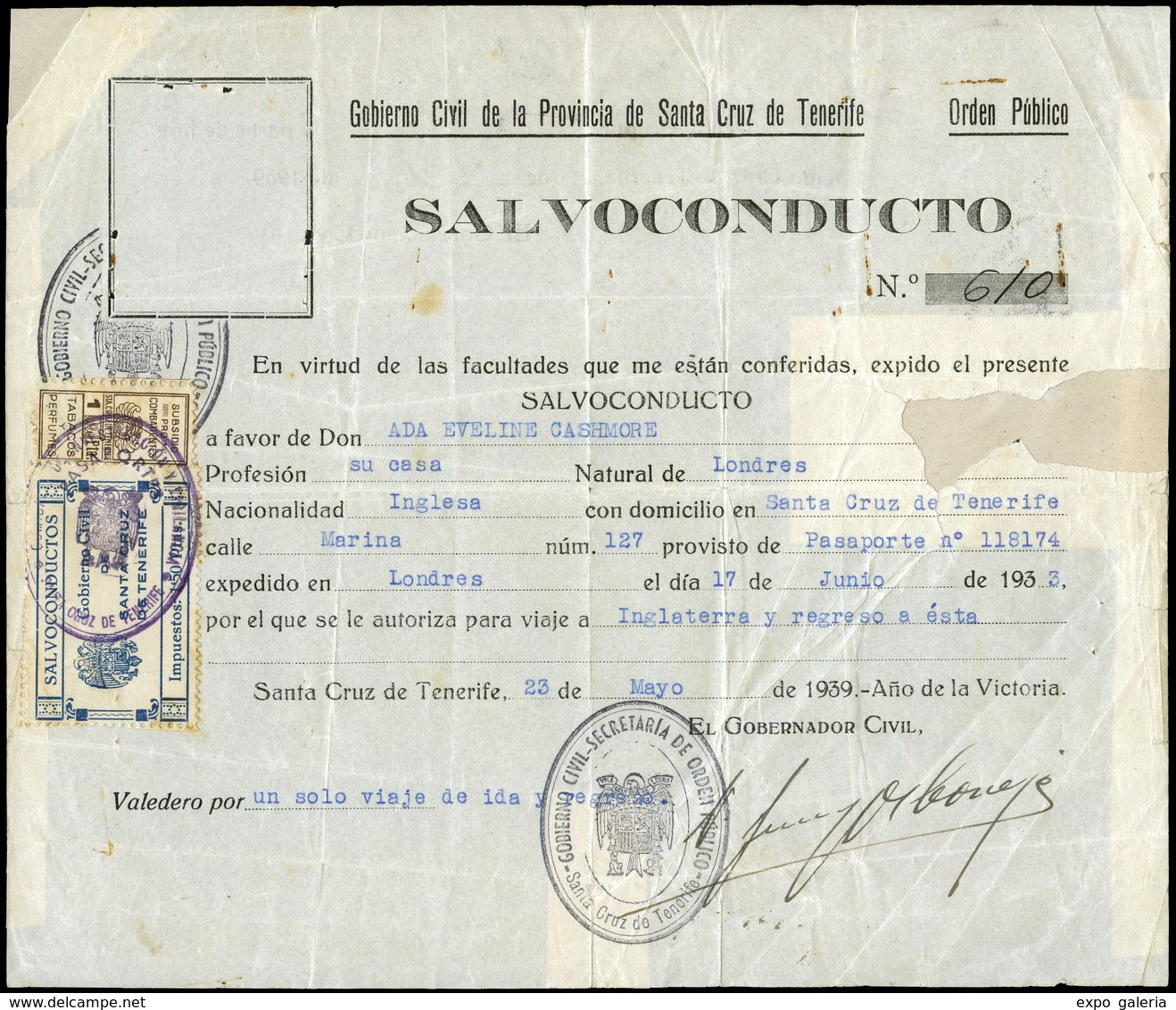 1939. Salvoconducto Del Gobierno Civil De La Provincia De Santa Cruz De Tenerife Con 2 Sellos “Fiscales” Lujo. Raros - Andere & Zonder Classificatie