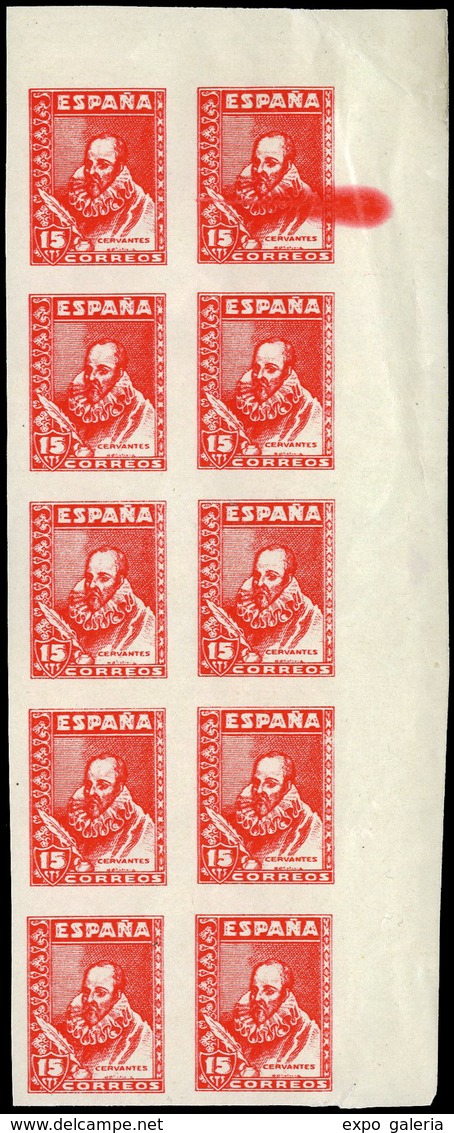 Prueba 1938. Cervantes. Bl. De 10 Sellos De 15Cts. Color Rojo, Con Gran Defecto De Impresión.Grabador G.H. Ontativia - 1931-....