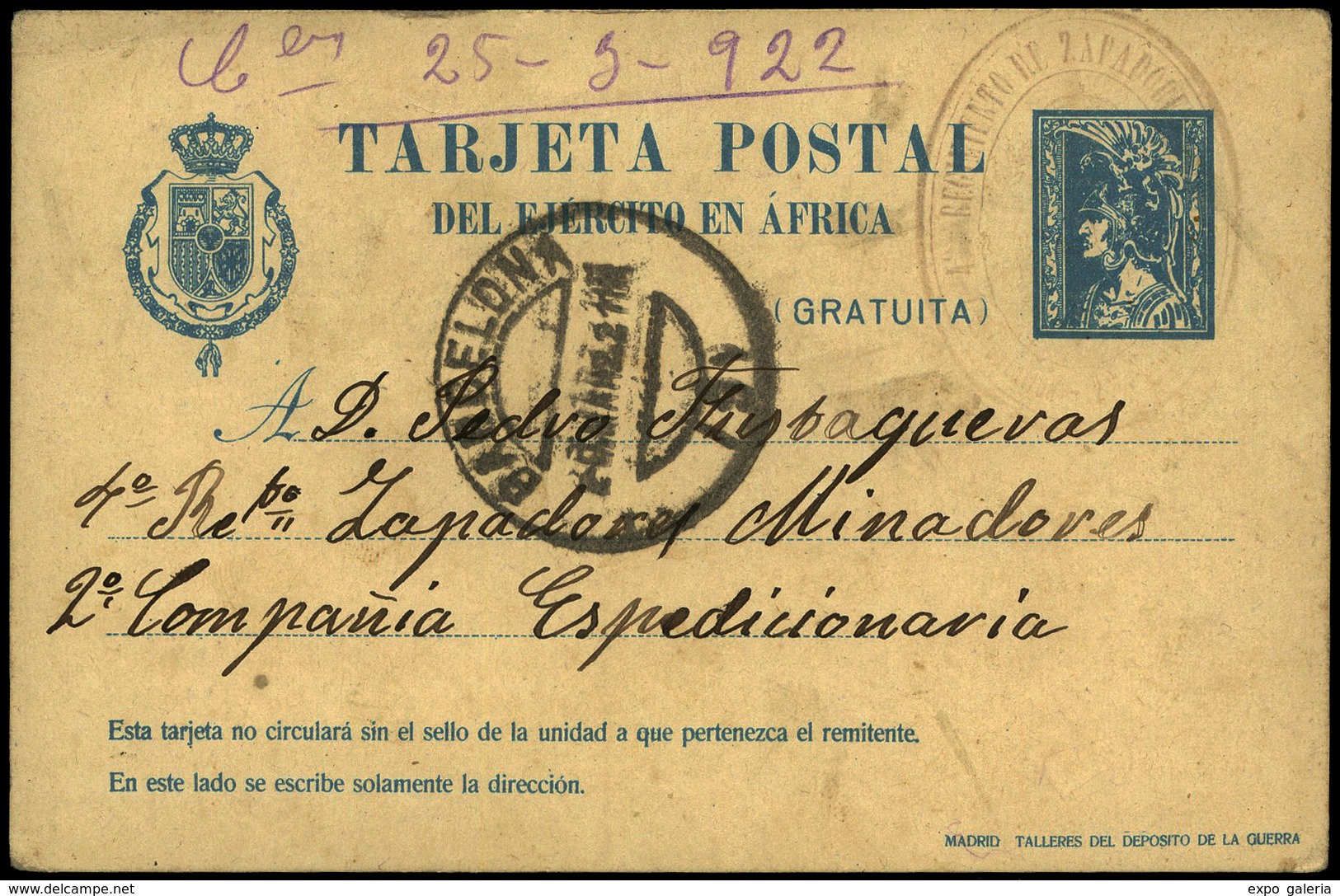 Ed. 0 T.P. 2 - 1922. De Barcelona Al “Regimiento De Zapadores Minadores” Y Fcia. Interesante - Storia Postale
