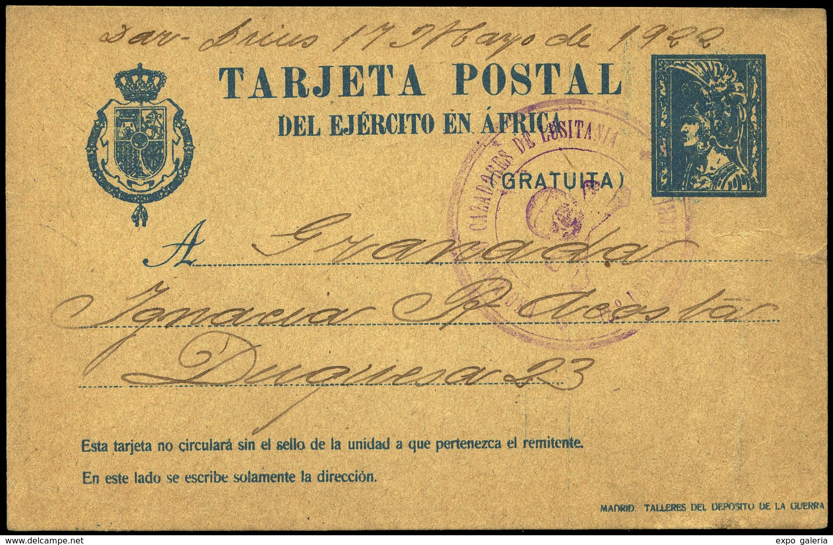 Ed. 0 T.P. 2A - 1922. “Dar-Drius 17/May 1922 ...Granada” Franquicia “Rgto. Cazadores Lusitania” En Color Violeta. Rara. - Cartas & Documentos