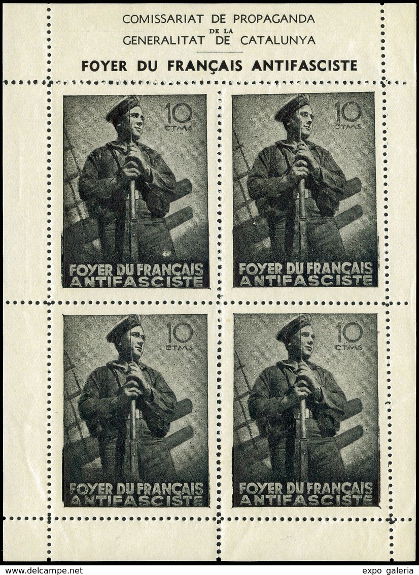 *** 1344(Afi) En HB De 4 Valores. Negro “Foyer Du Français Antifasciste” Lujo. - Spanish Civil War Labels