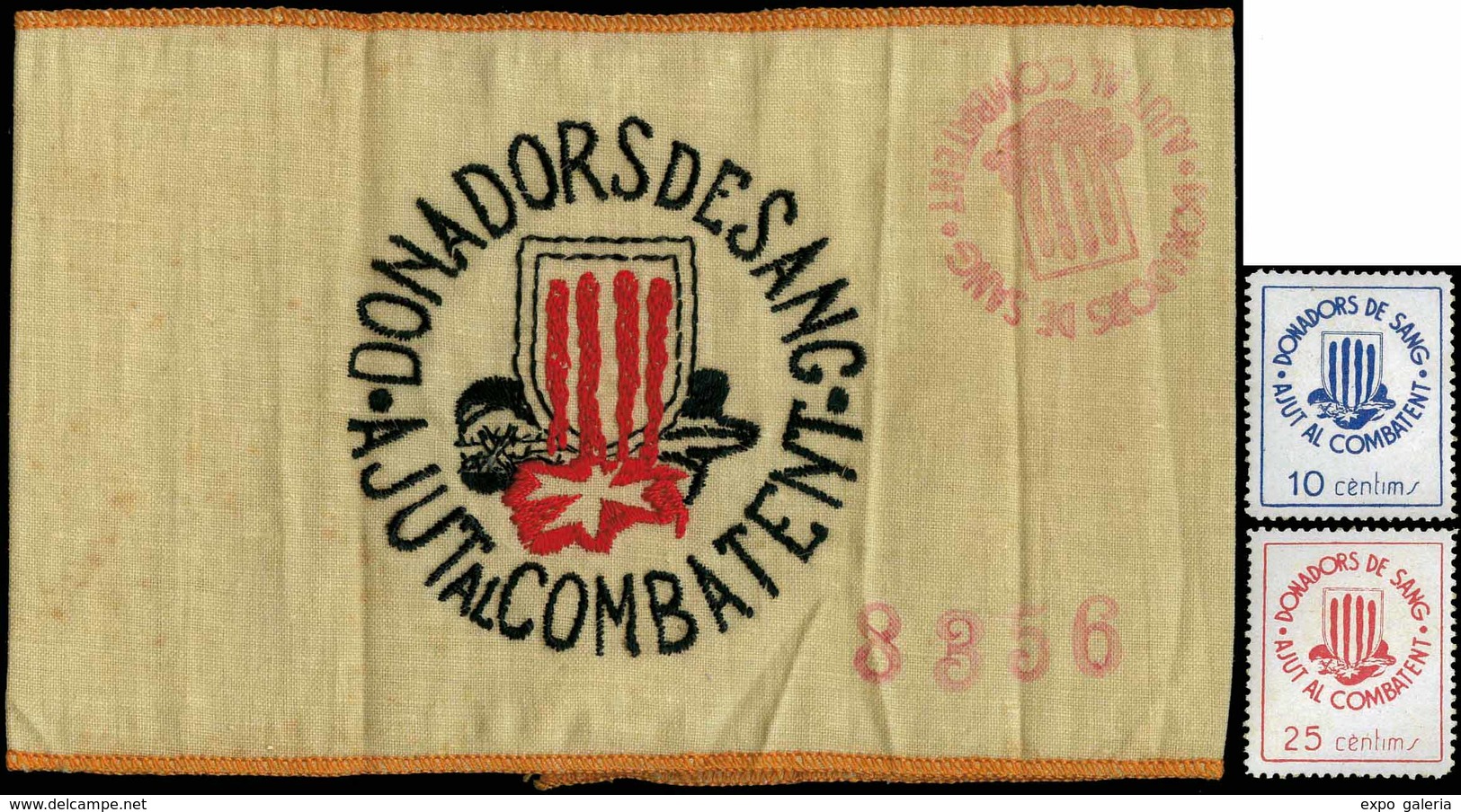 Brazalete Realizado En Tela Y Con Bordados + Marca Estampada En El Brazalete “Donadors De Sang. Ajut Al Combatent” - Spanish Civil War Labels