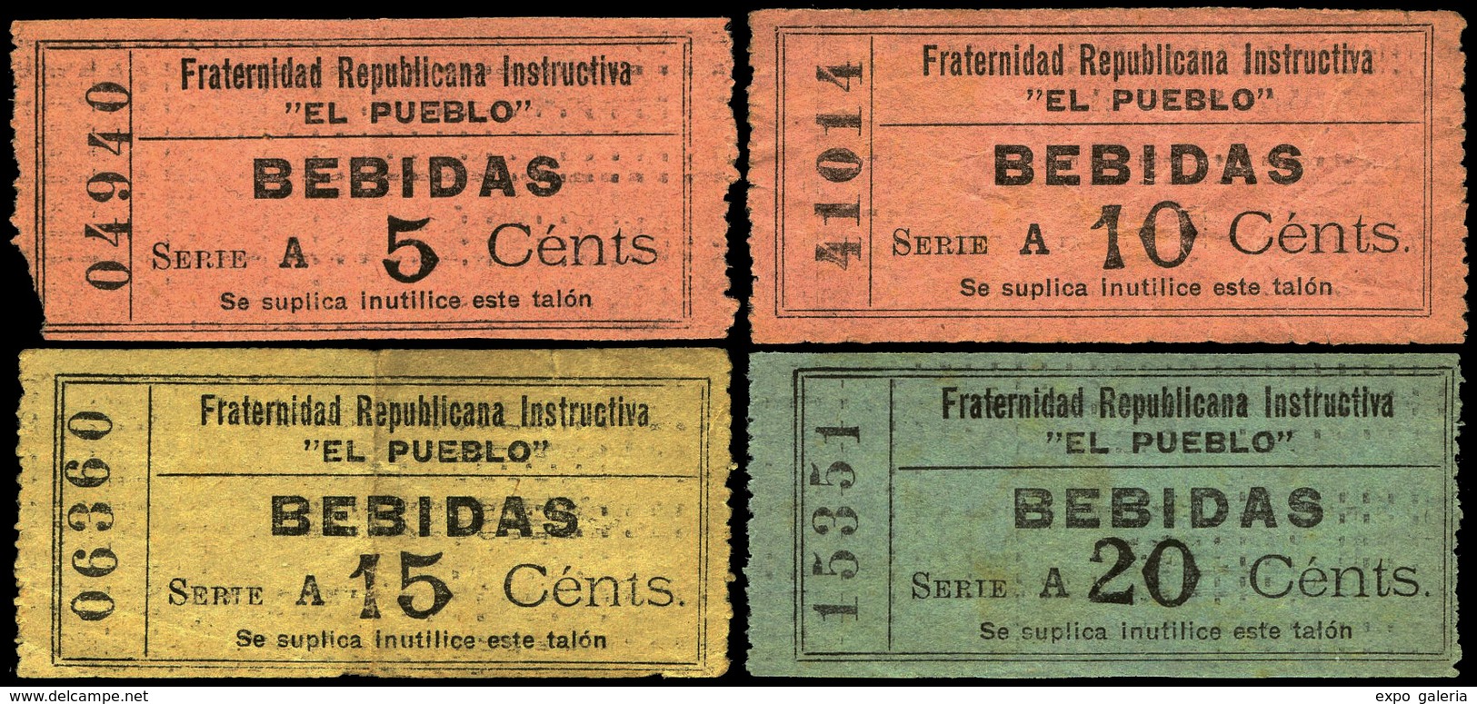 ** S/C 4 Cupones De 5Cts, 10Cts, 15Cts Y 20Cts “Fraternidad Republicana Instructiva “El Pueblo”” Bebidas. Rarísimo - Spanish Civil War Labels