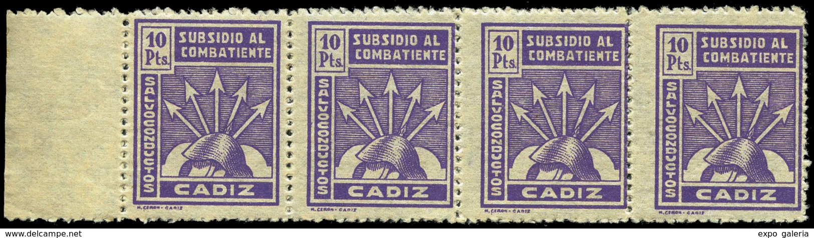 Ed. *** 207 Tira 4 CÁDIZ. “Subsidio Al Combatiente.10pts” Lujo. Tira De 4. Escaso. - Spanish Civil War Labels