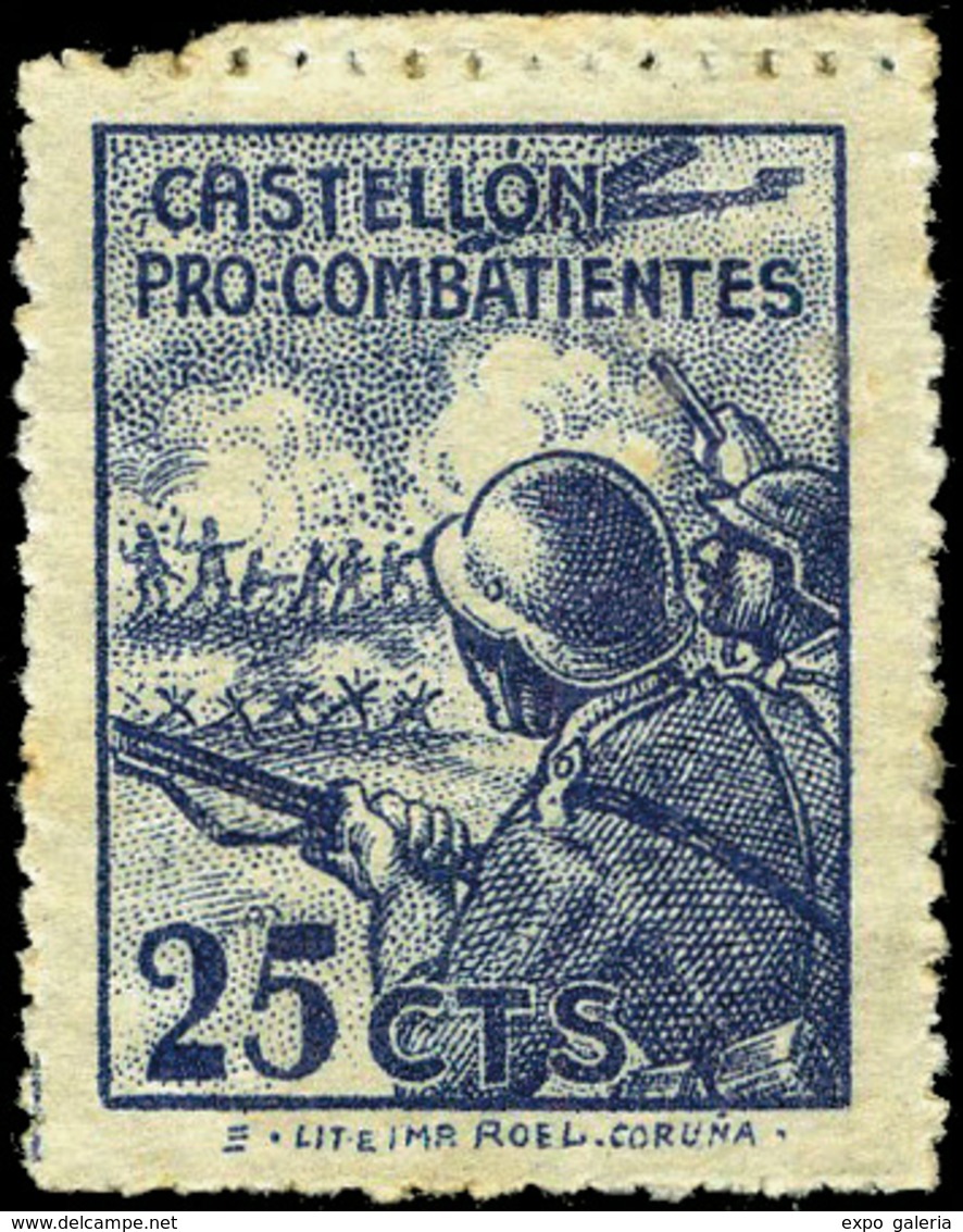 Ed. * 72 CASTELLÓN. “Pro Combatientes. 25Cts.” Azul. Escaso. - Verschlussmarken Bürgerkrieg