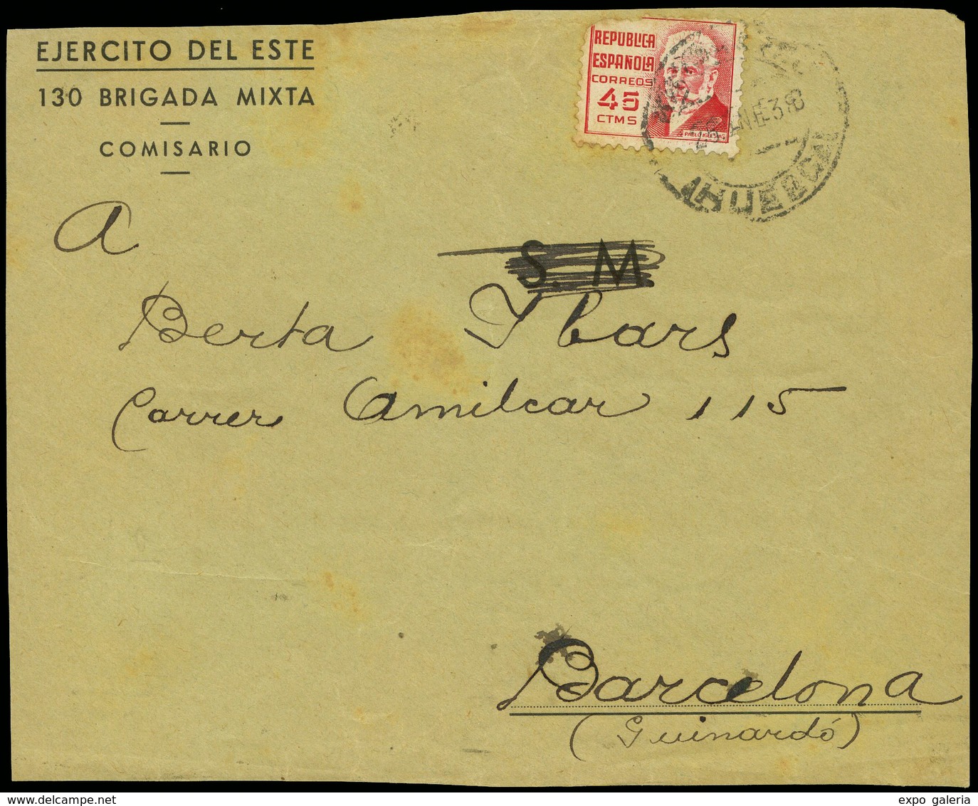 Ed. 737 - Frontal Cdo De “Huercal 28/01/38” A Barcelona Con Membrete “Ejército Del Este-130 Brigada Mixta-Com…" - Briefe U. Dokumente