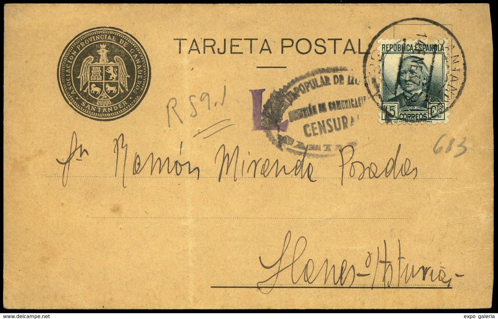 Ed. T.P. 683 - 1937. Tarjeta Postal Con Membrete “Asociación Provincial De Ganaderos De Santander” Y Cda… - Cartas & Documentos