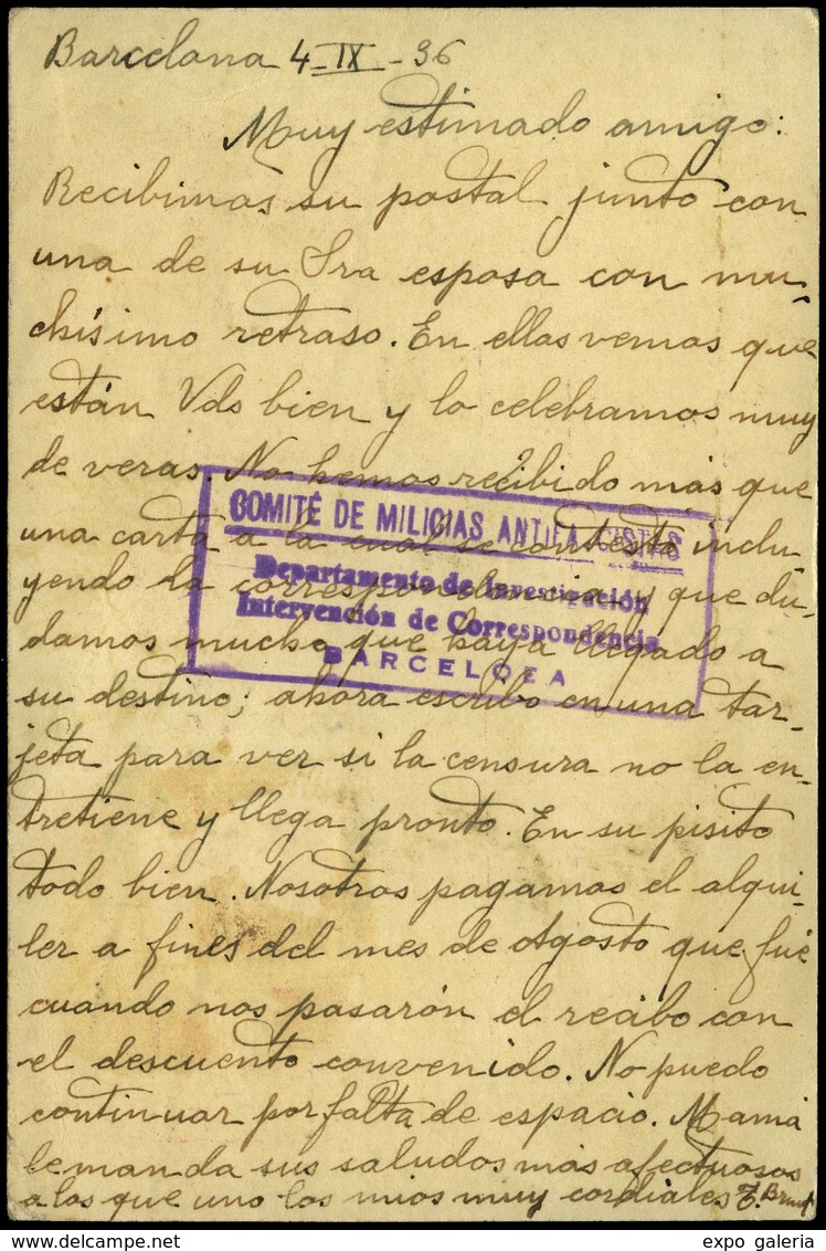 E.P.69+683+Barna - 1936. Cdo A Alemania Con Censura “Comité De Milicias Antifascistas-Departamento De Investigación… - Lettres & Documents