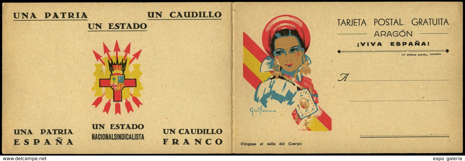 T.P. Aragón. “Viva España/Una Patria/Un Caudillo.....” Tarjeta Doble. Lujo. - Lettres & Documents