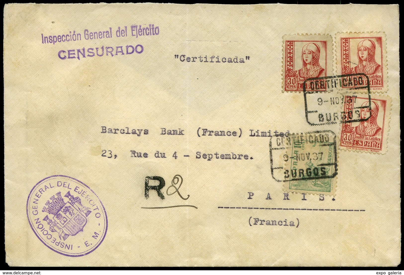 Carta Cda Correo Certificado A Paris. Rara Marca “Inspección General Del Ejército-Censurado” 9/Nov/37 - Lettres & Documents