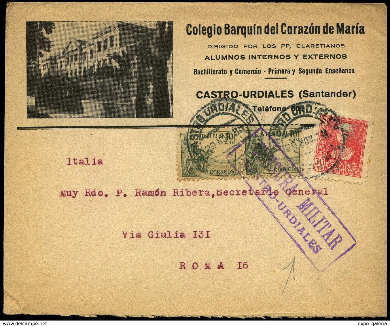 Ed. 817(2)+857 - Carta De “Castro Urdiales 29/Nov/38” A Toma. Sobre Ilustrado Del “Colegio Barquín Del Corazón…" - Lettres & Documents