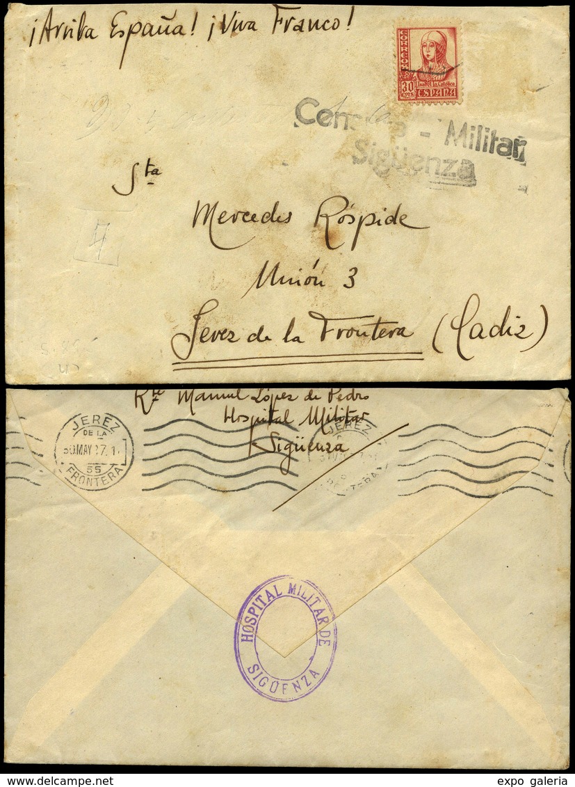 Ed. 823 - Carta Cda De Sigüenza A Jerez. C.Militar De Sigüenza (no Catalogada En Heller) + Marca “Hospital Militar…" - Covers & Documents