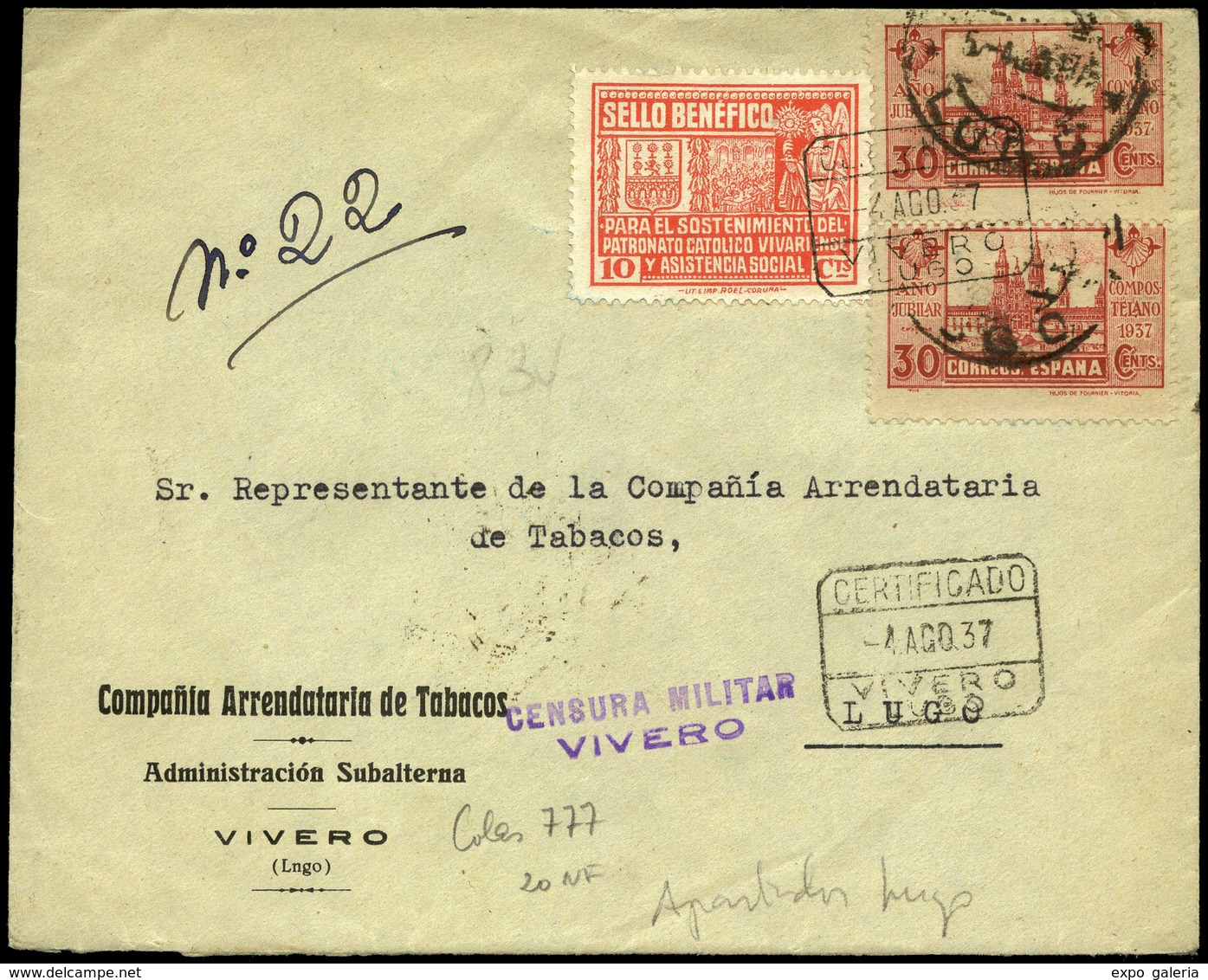 Ed. 834(2)+Local - Fechador “Certificado 04/08/37.Vivero” A Lugo Con Censura M. De Vigo. Llegada - Briefe U. Dokumente