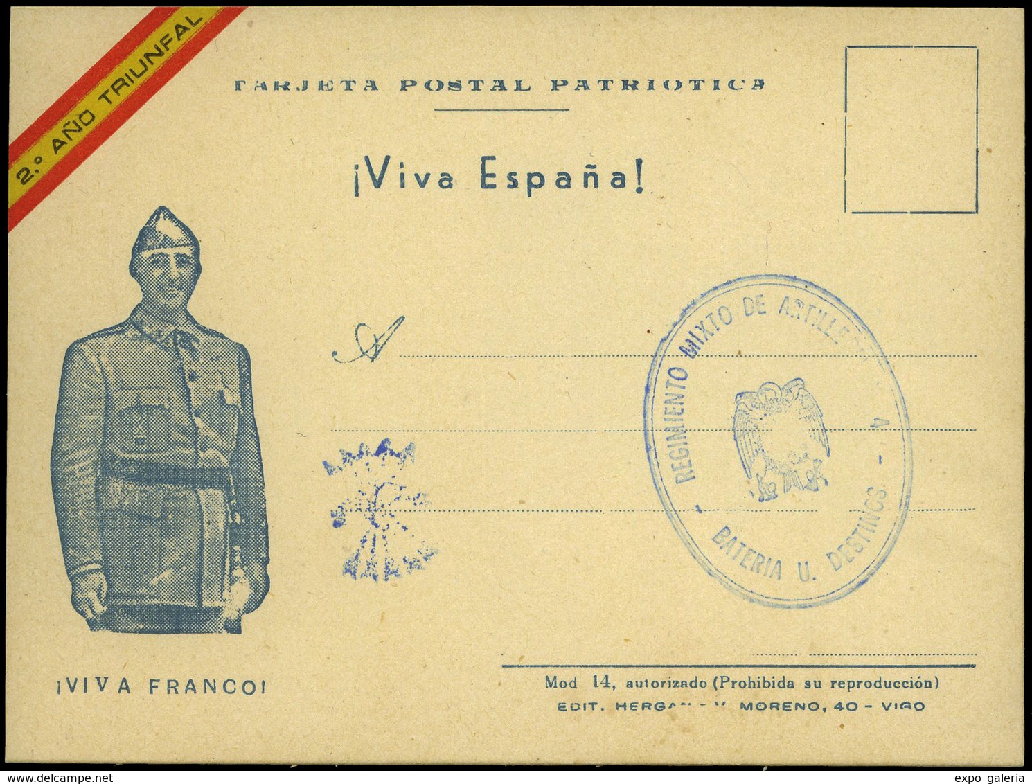 T.P. Tarjeta Postal Patriótica (2º Año Triunfal) Con Franquicia “Rgto. Mixto De Artilleria Bateria De Destinos” - Briefe U. Dokumente